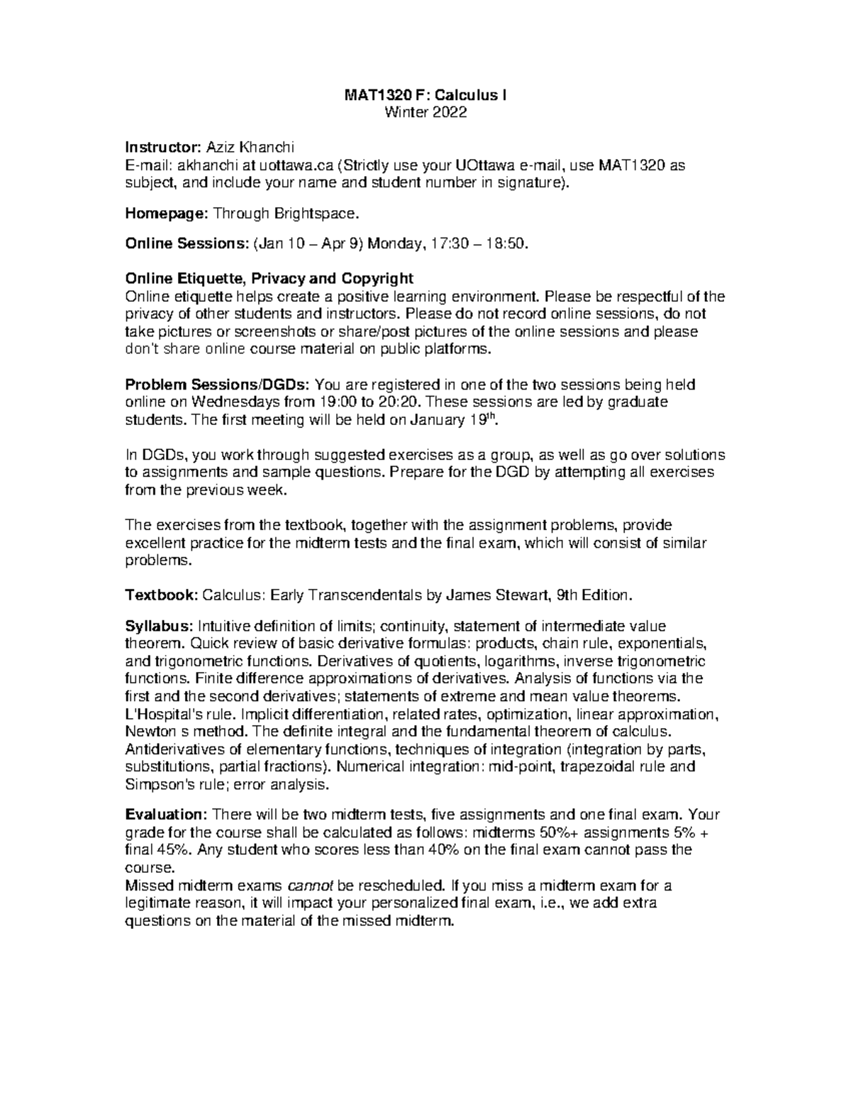 Course Syllabus - MAT1320 F: Calculus I Winter 2022 Instructor: Aziz ...