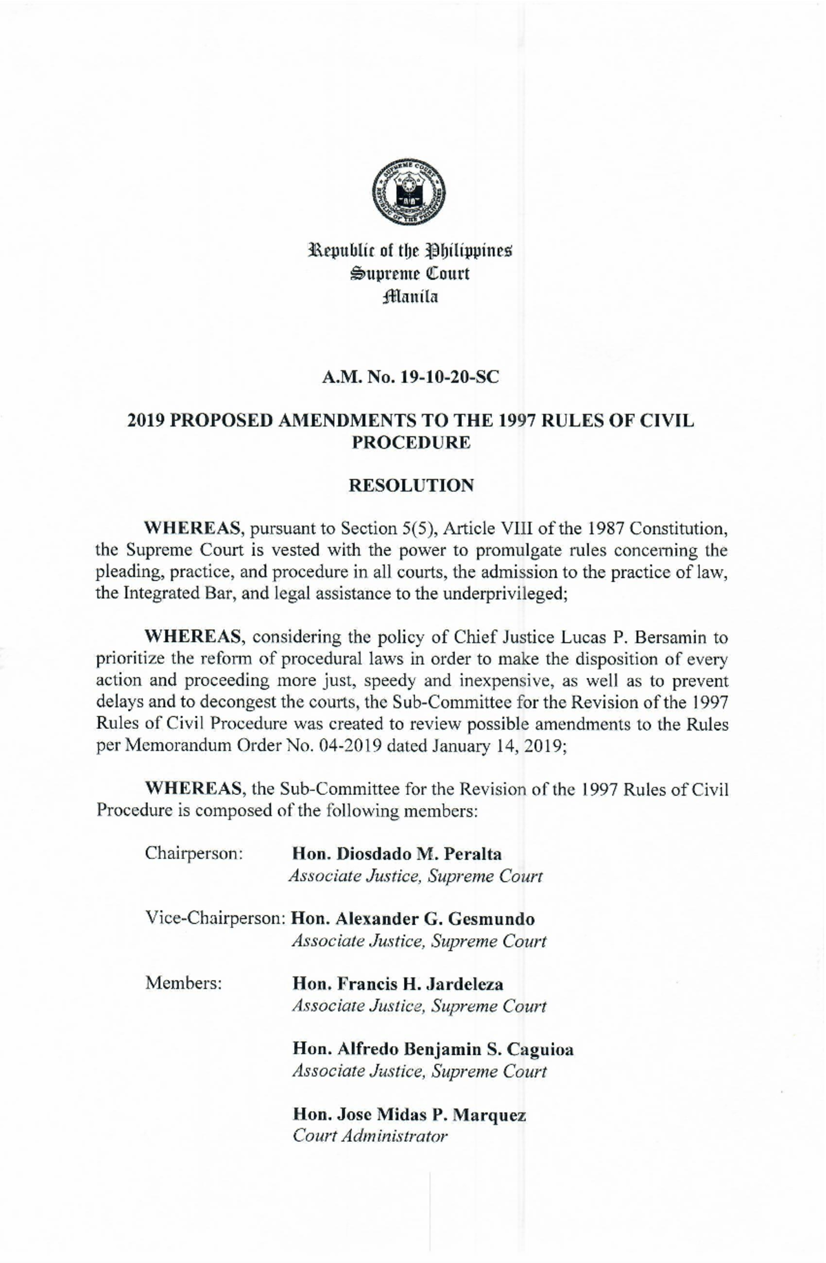 AM No. 19-10-20-SC - 2019 Proposed Amendments to the 1997 Rules of ...