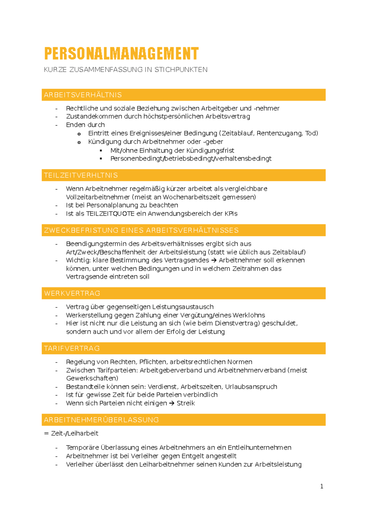 Zusammenfassung gekuerzt - PERSONALMANAGEMENT KURZE ZUSAMMENFASSUNG IN STICHPUNKTEN Rechtliche ...