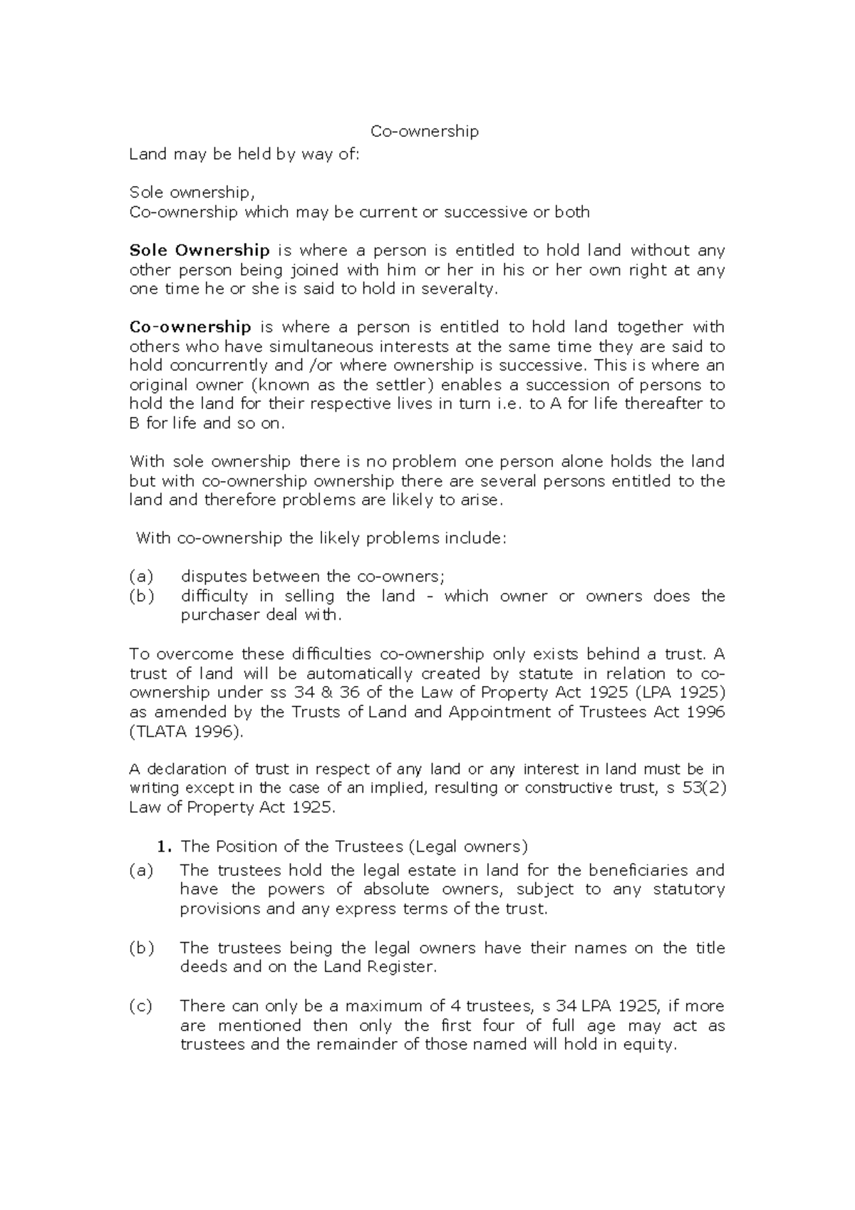 Handout - Lecture notes 1-7 - Co-ownership Land may be held by way of ...