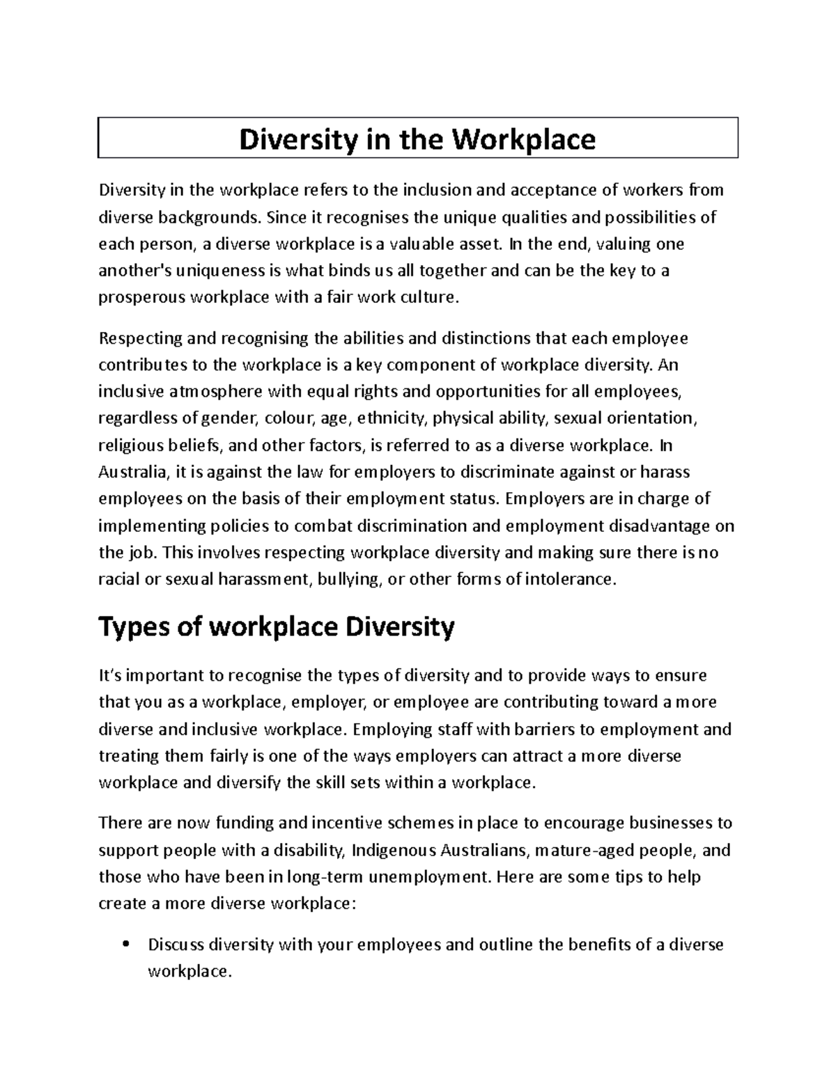 thesis statement for diversity in the workplace