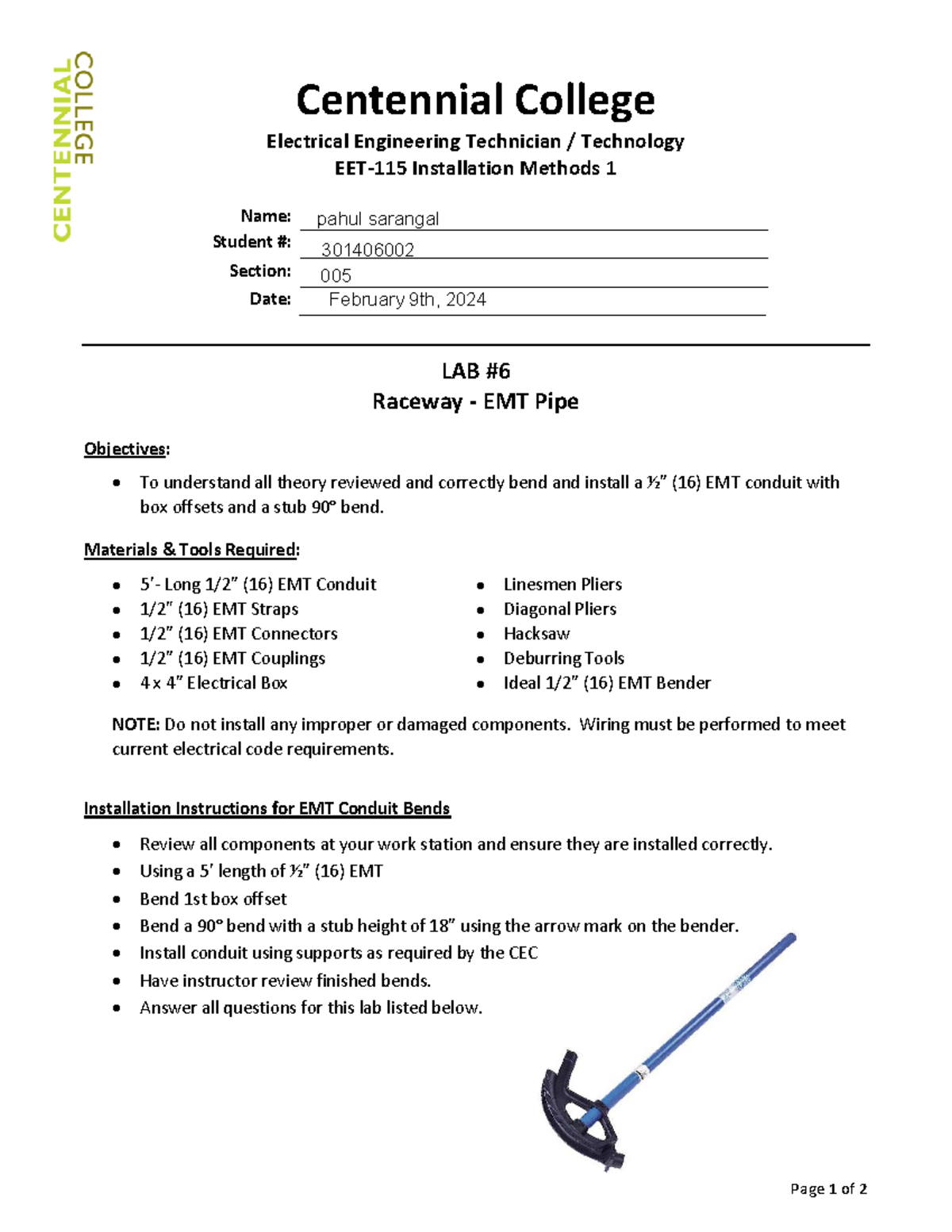 EET-115 Lab 6 - Raceway - EMT Pipe Original - Page 1 of 2 Centennial ...