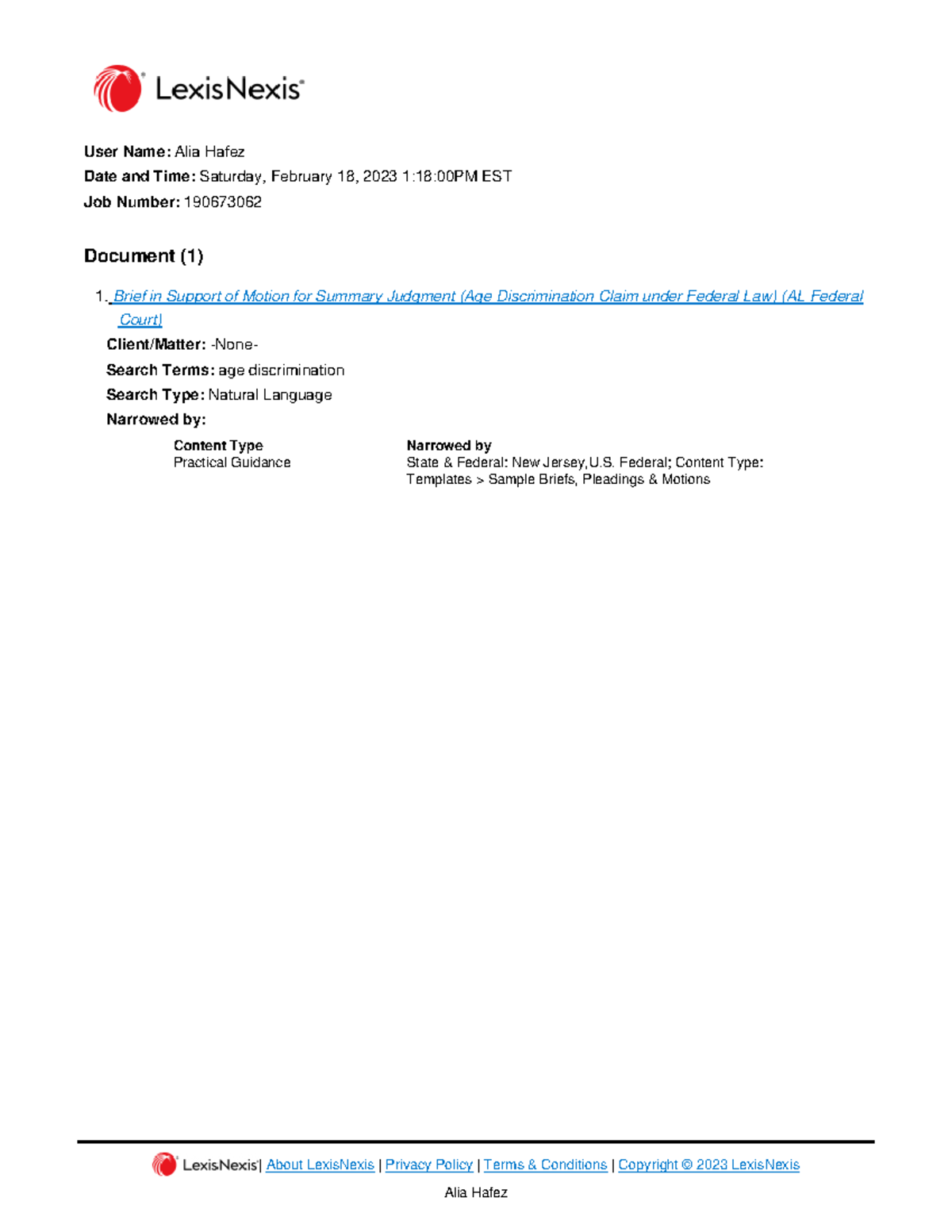 Brief in Support of Motion for Summary Judgment Age Discrimination