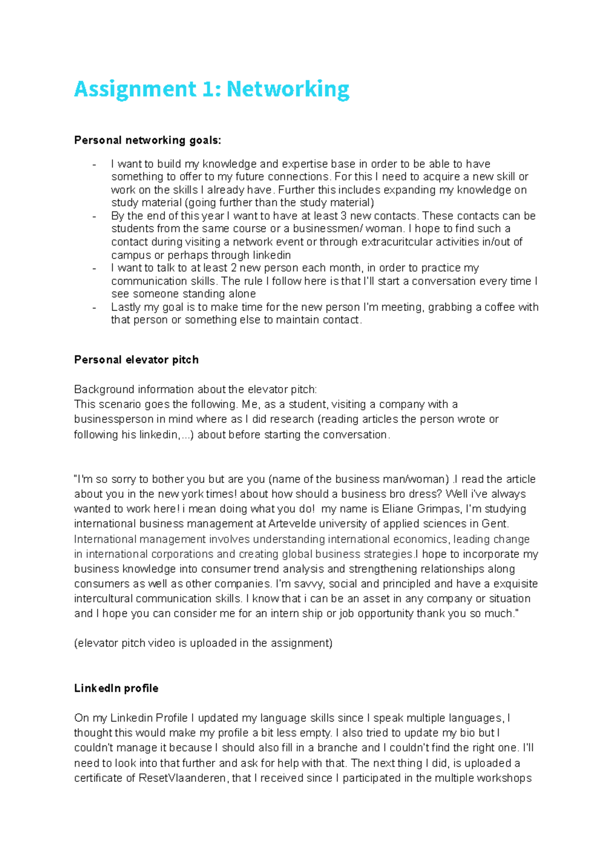 Portfolio December Assignment 1 Networking Personal networking goals