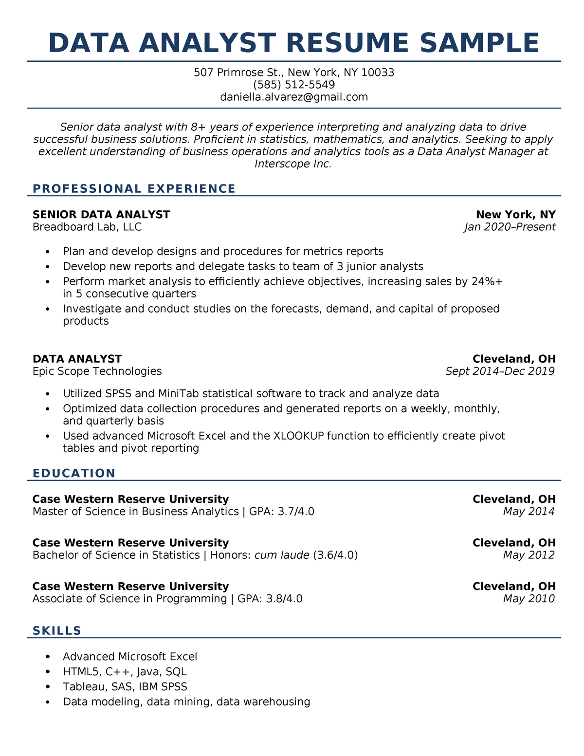 Data analyst resume example - DATA ANALYST RESUME SAMPLE 507 Primrose ...