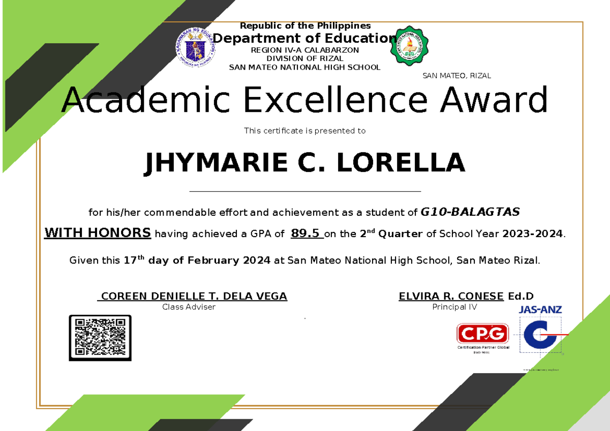 Certificate-WITH- Honors-Classroom-Award-2nd-Quarter- Bonifacio ...