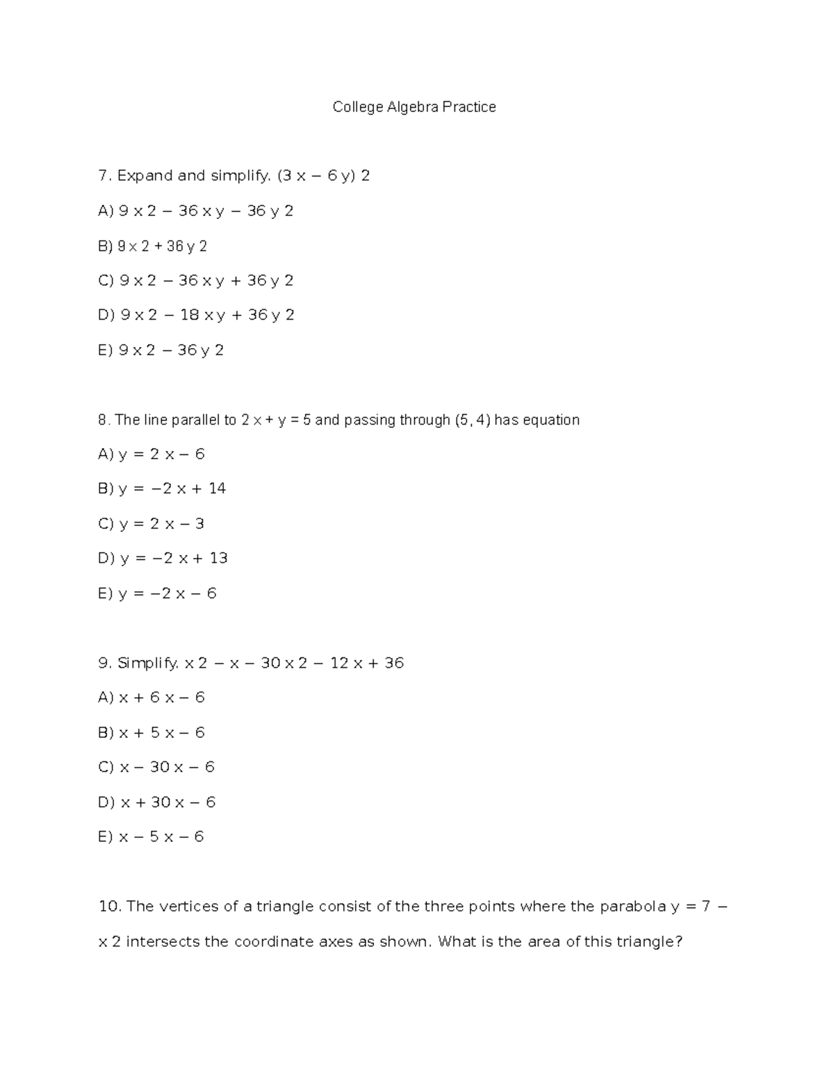 College Algebra Practice 3 X 6 Y A 9 X 2 36 X Y 36 Y B 9 X 2 36 Y C 9 X 2 36 X Y Studocu