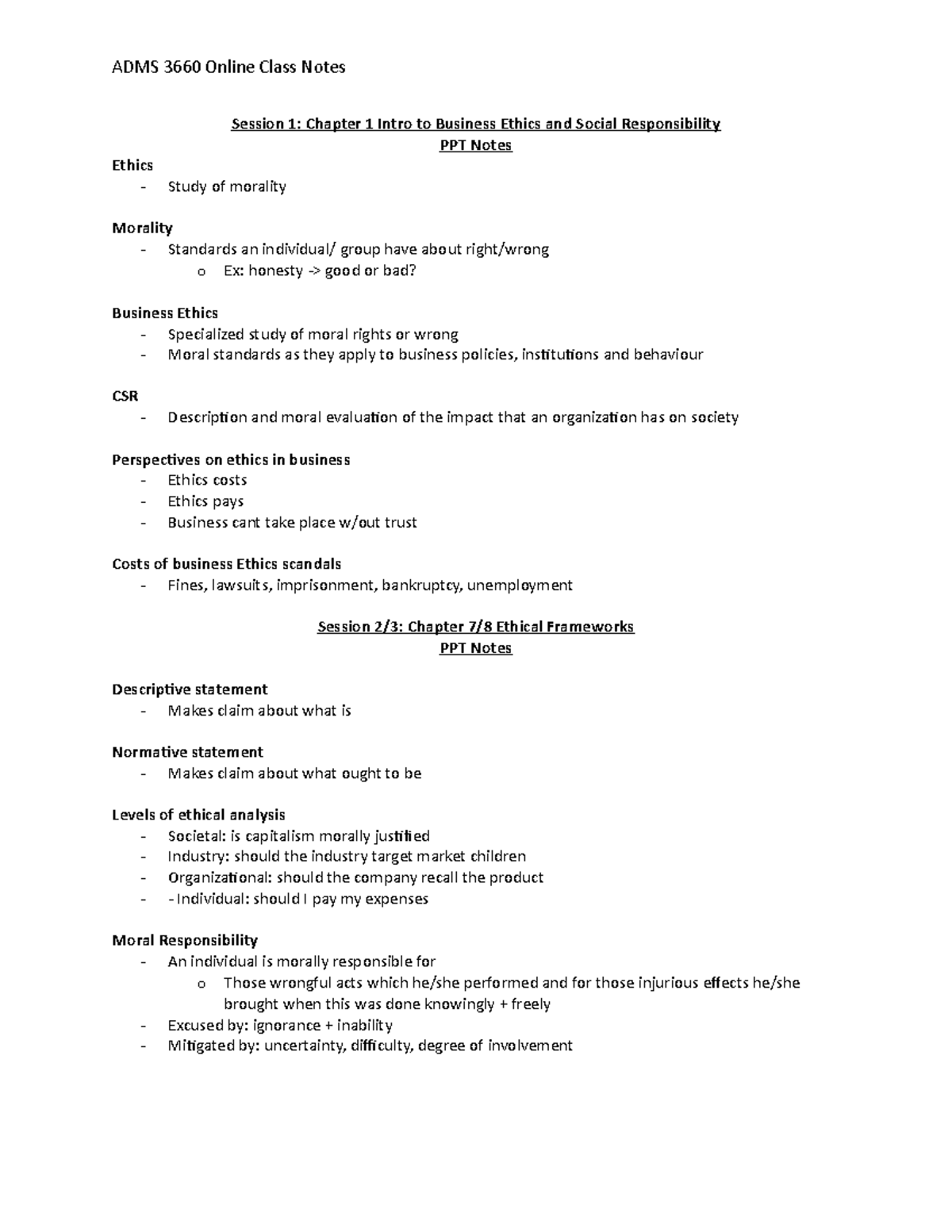 ADMS 3660 Notes - ADMS 3660 Online Class Notes Session 1: Chapter 1 ...