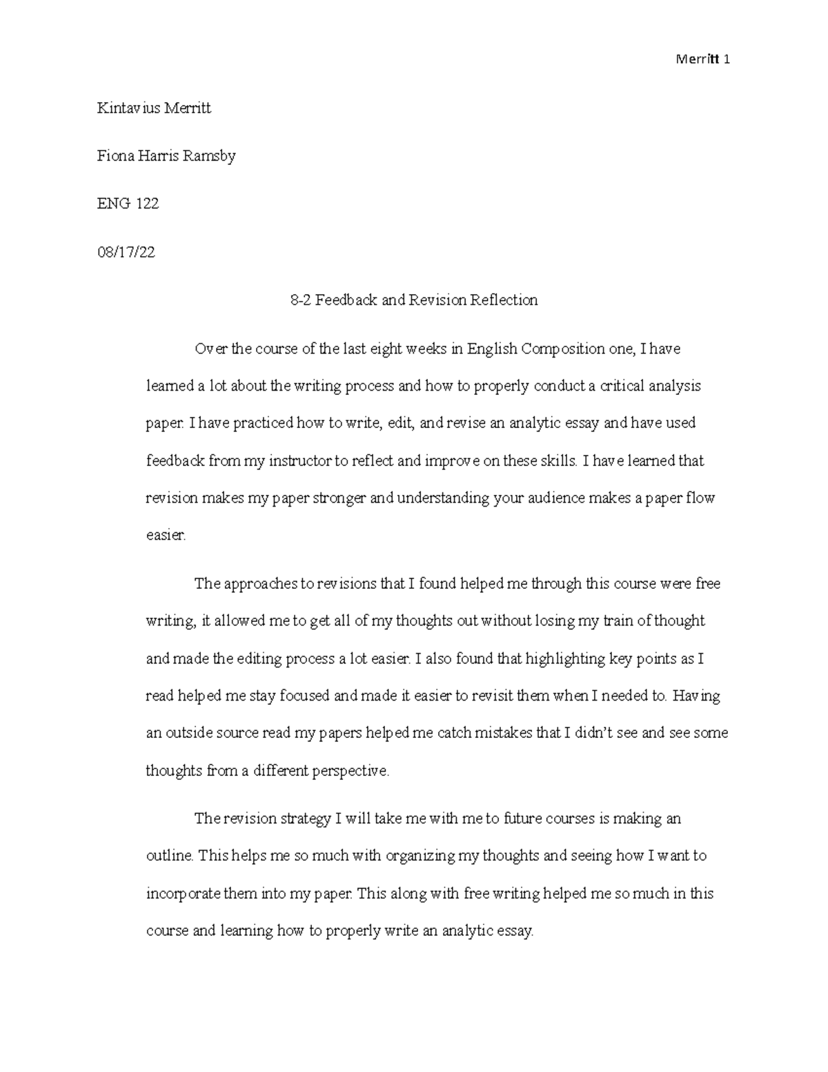 Feedback and revision reflection - Merritt 1 Kintavius Merritt Fiona ...