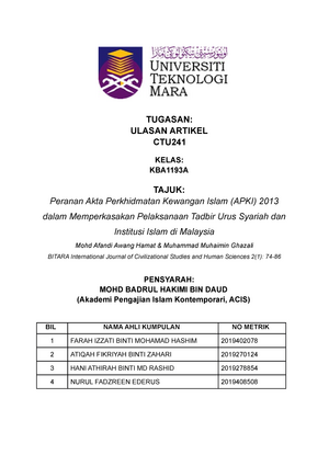 Ulasan Artikel CTU241 (ARTICLE REVIEW) - asas ekonomi islam - UiTM 