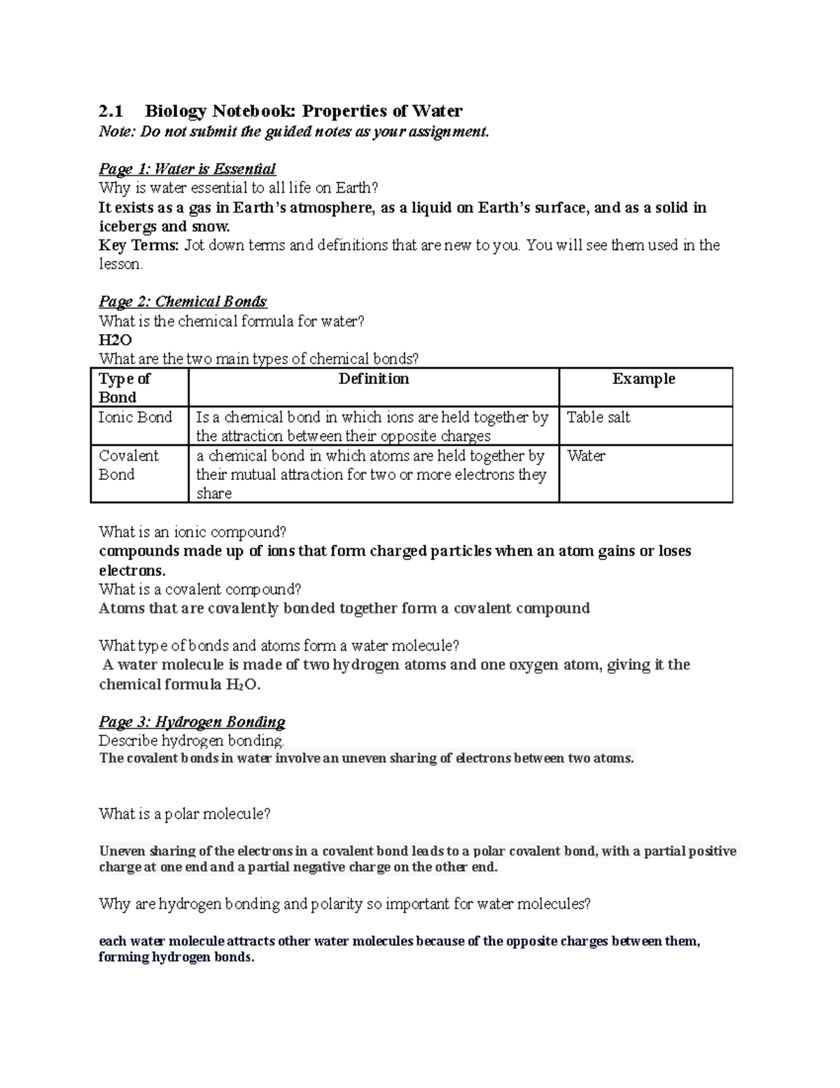 2.01 Biology Notes - 2 Biology Notebook: Properties of Water Note: Do ...