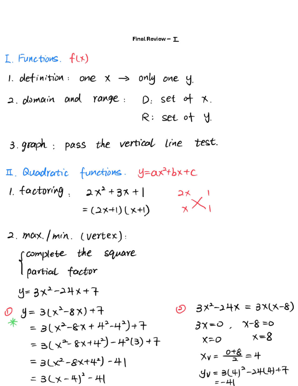 Final Review I - Functions. flx) 1. definition one X only one y. 2 ...