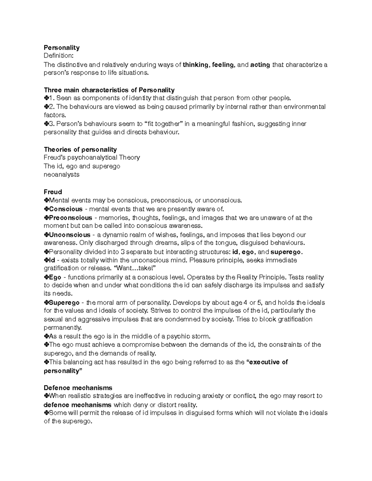 Ch 14 - Lecture notes 14 - Personality Definition: The distinctive and ...