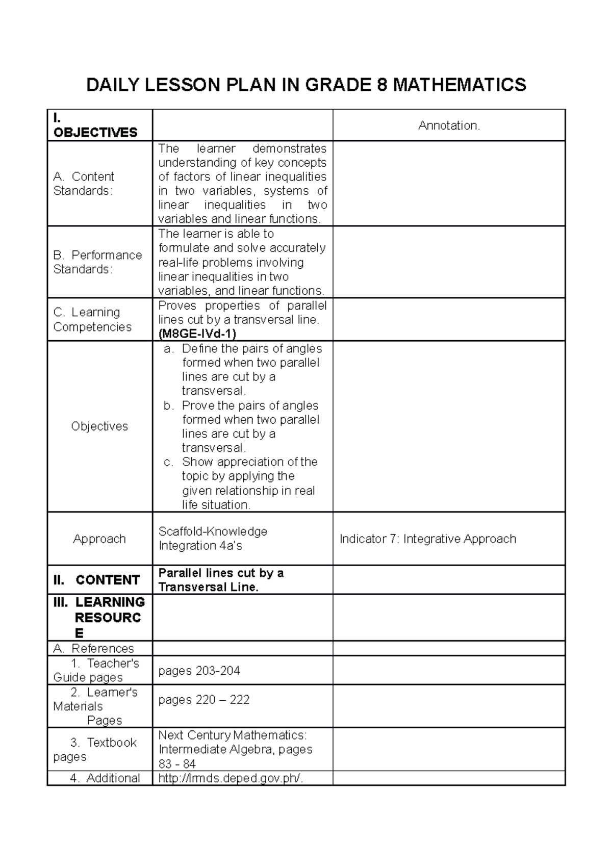 Jeremy-COT-4 - COT - DAILY LESSON PLAN IN GRADE 8 MATHEMATICS I ...