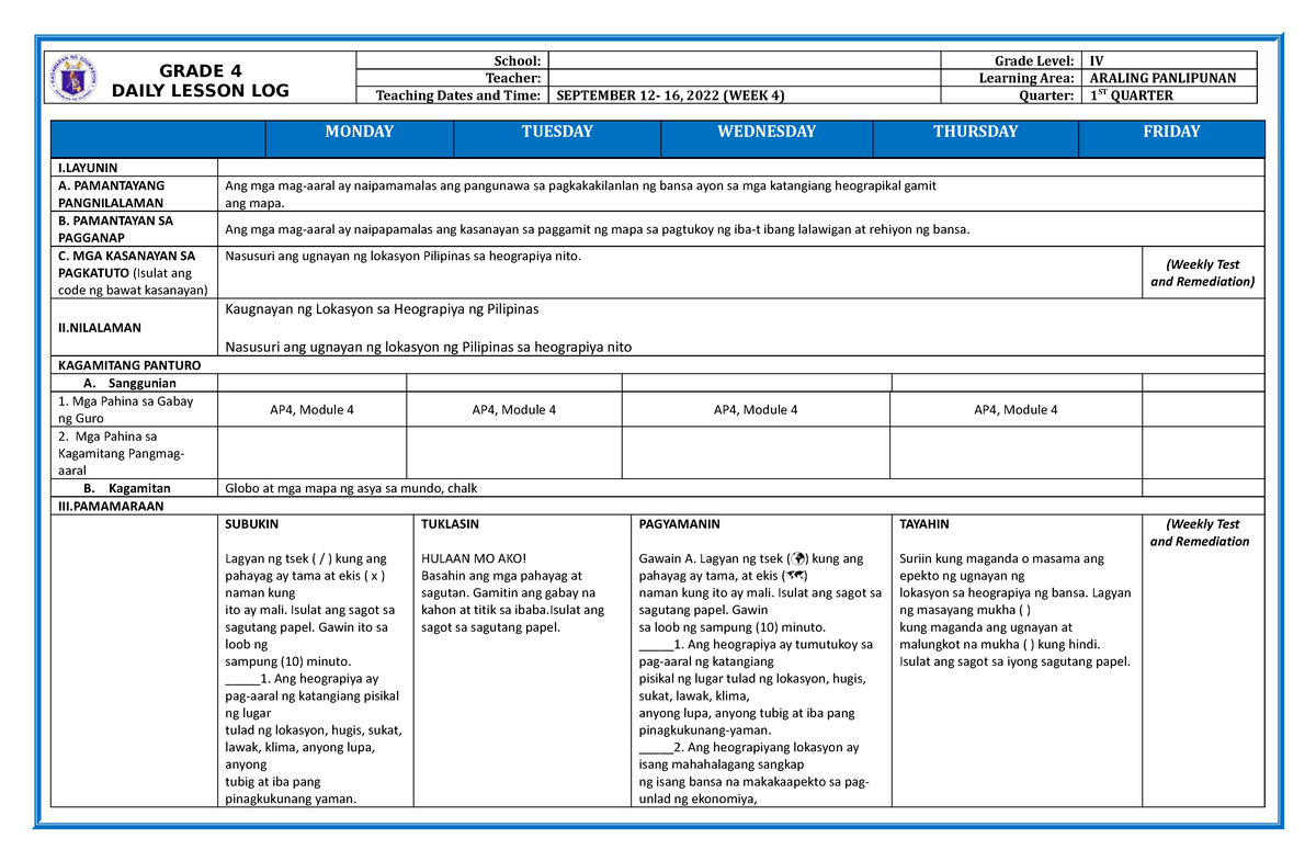 Melc Based G4 Dll Quarter 1 Week 4 Grade 4 Daily Lesson Log School Grade Level Iv Teacher 4392