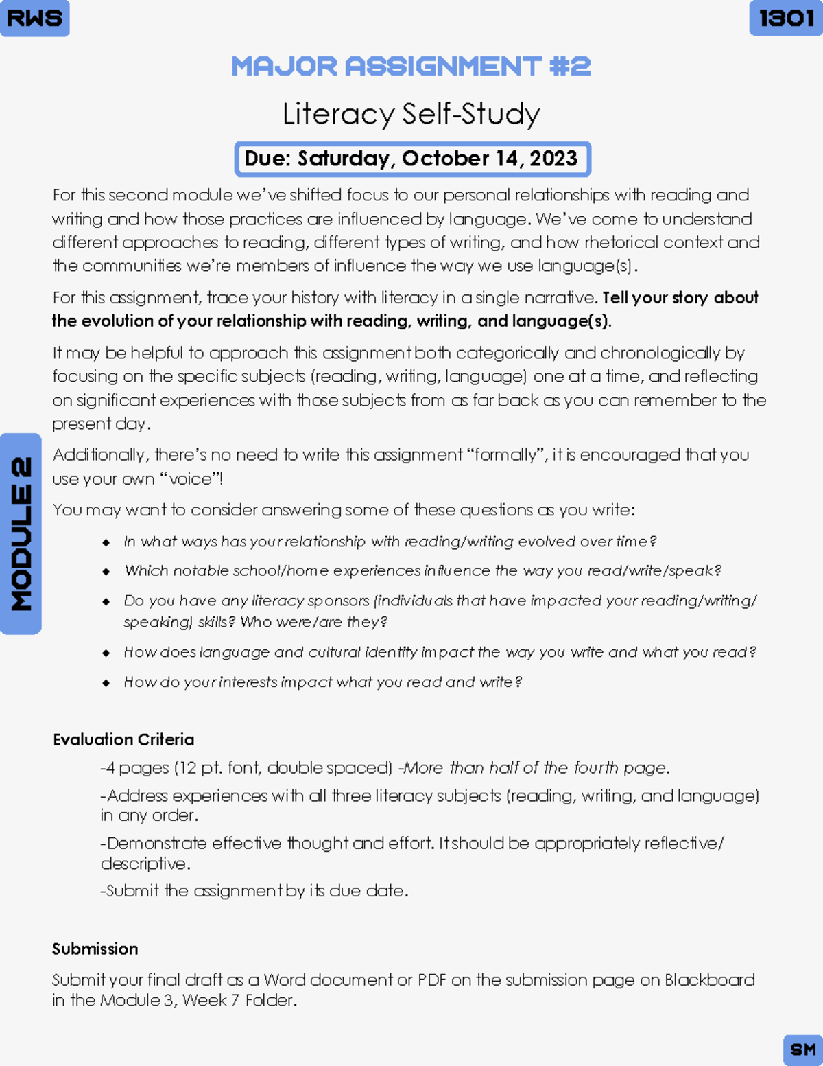 Instructions for Major Assignment 2 - RWS 1301 MODULE 2 SM Major ...