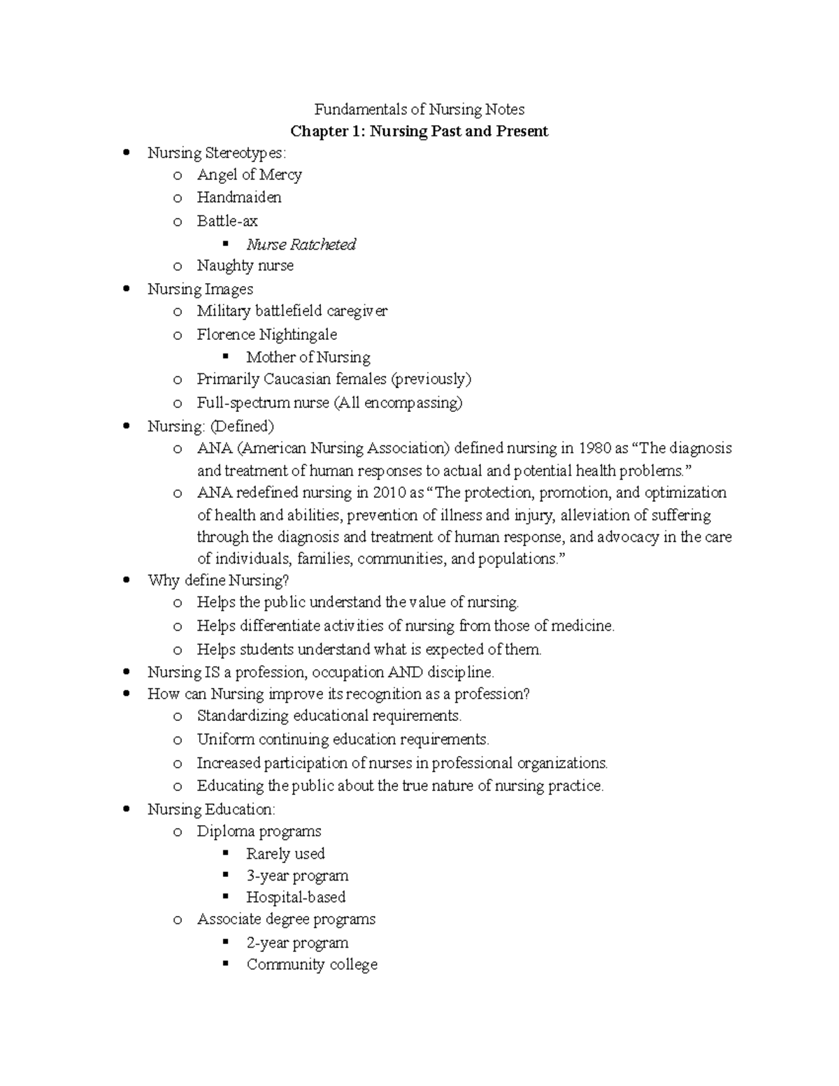 Fundamentals of nursing notes ch 1 fundamentals of nursing notes