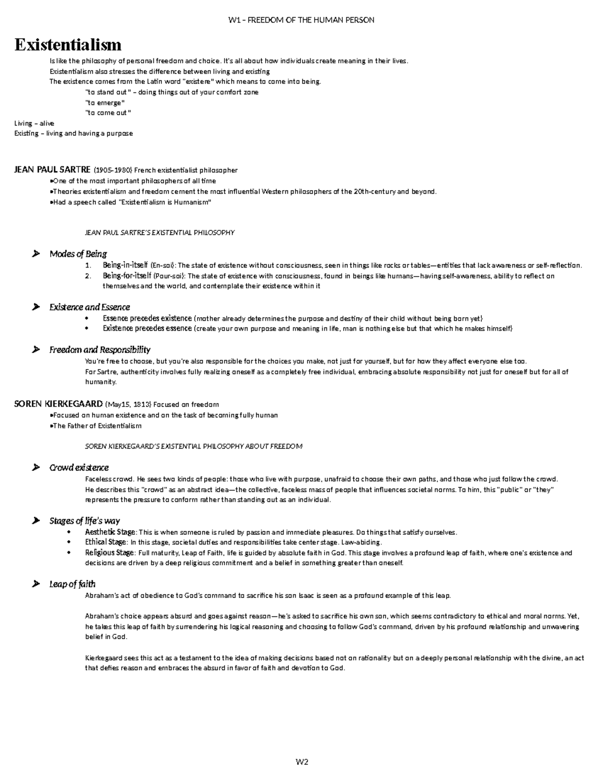Philosophy Notes - W1 - FREEDOM OF THE HUMAN PERSON Existentialism Is ...