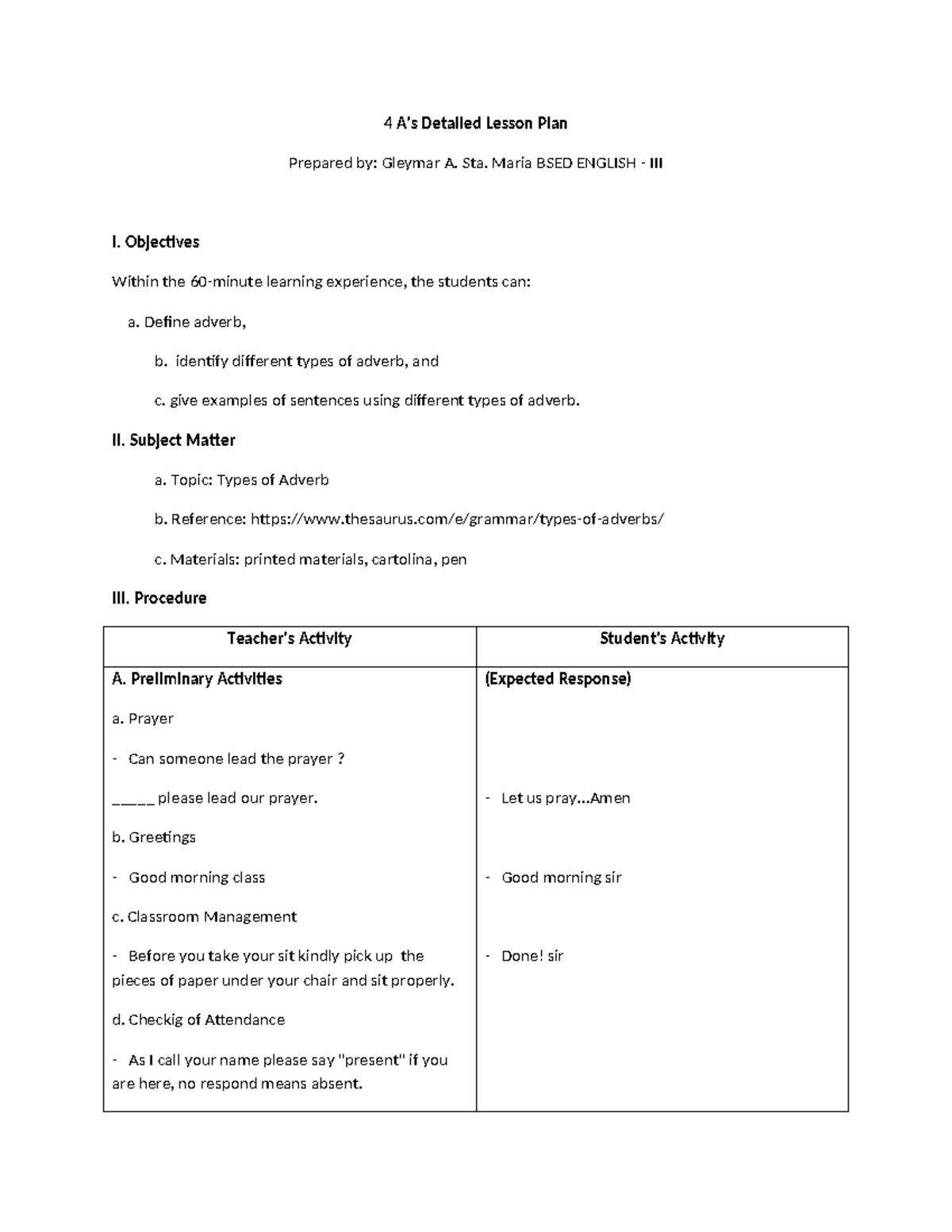 Gleymar LPs - 4 A's Detailed Lesson Plan Prepared by: Gleymar A. Sta ...