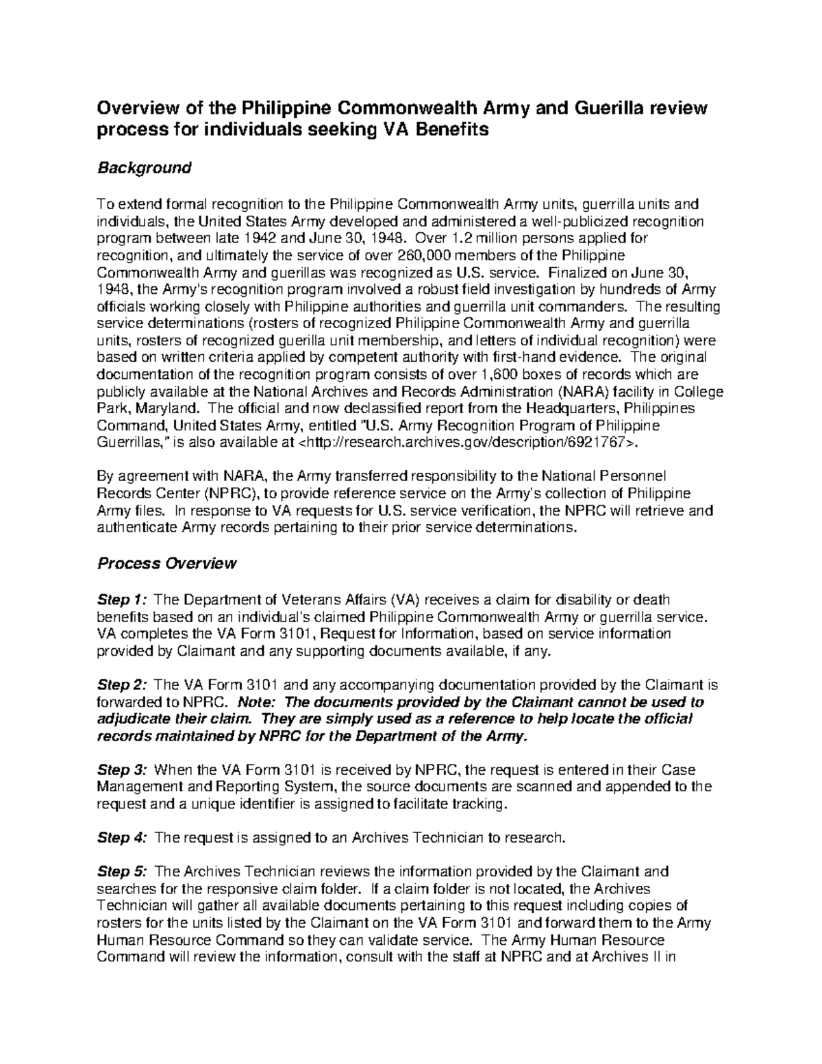 Guerilla Determination Process - Overview of the Philippine ...