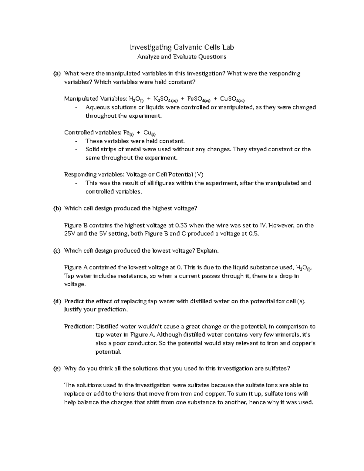 Electrochemistry Lab Investing Galvanic Cells Investigating Galvanic