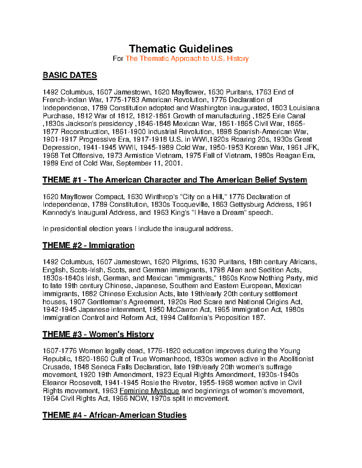 Basic dates american history Thematic Guidelines For The Thematic