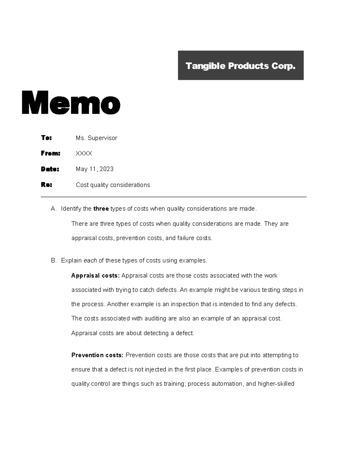 QHT1 Task 1 - task 1, passed - Tangible Products Corp. Memo To: Ms ...