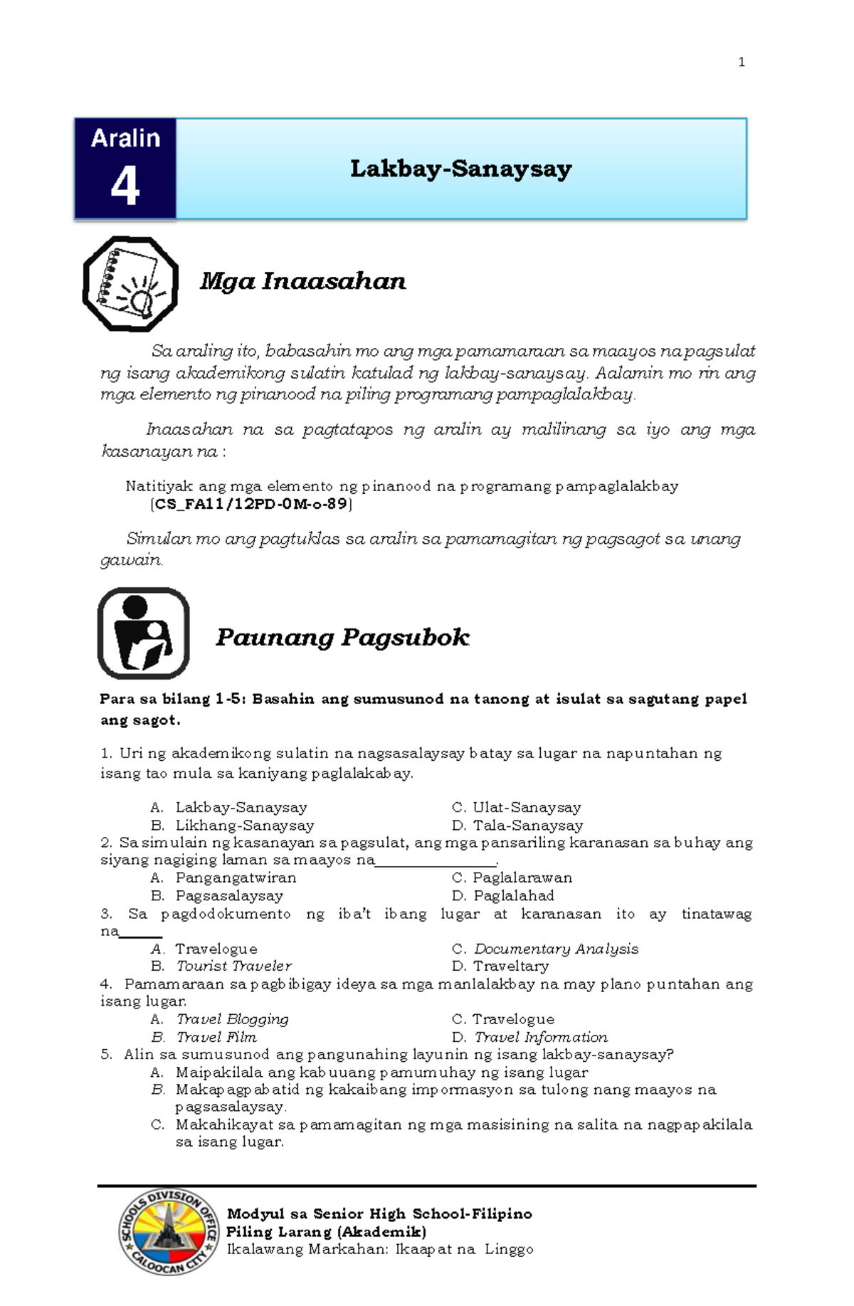 Filipino Akademik Module Quarter 2 Week 4 - Modyul Sa Senior High ...