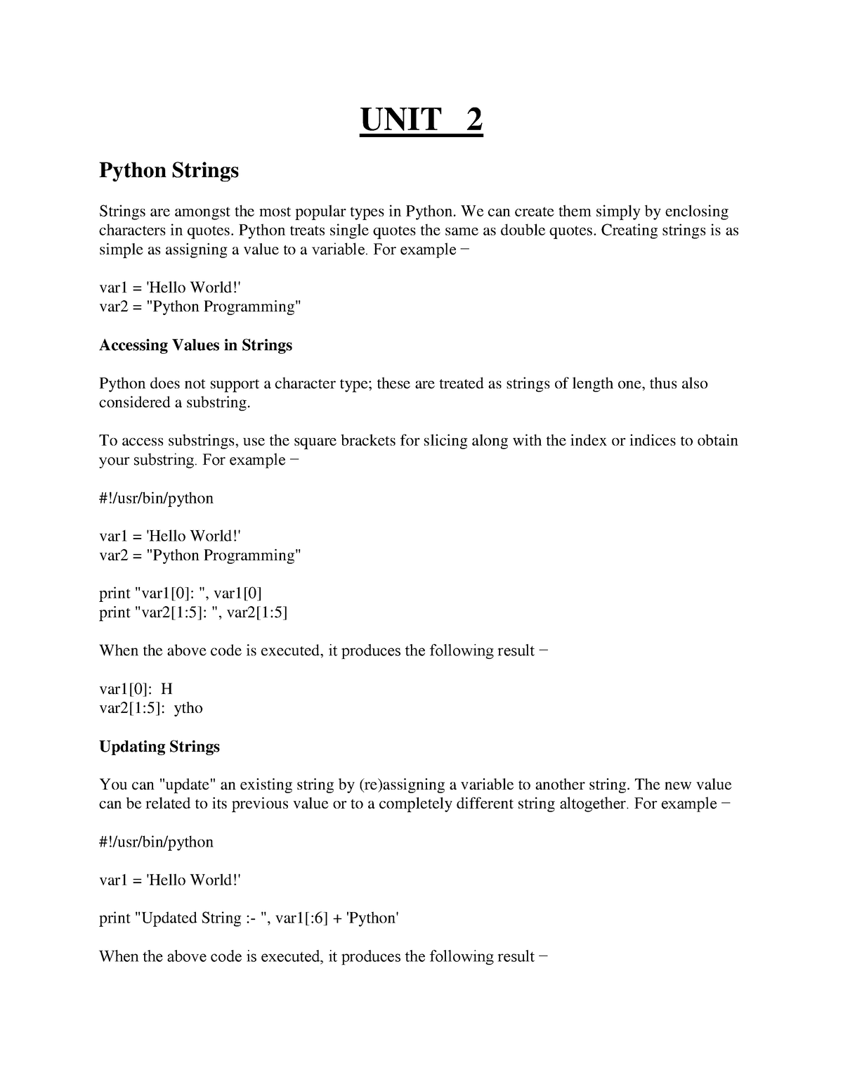 Python Notes-2 - UNIT 2 Python Strings Strings Are Amongst The Most ...