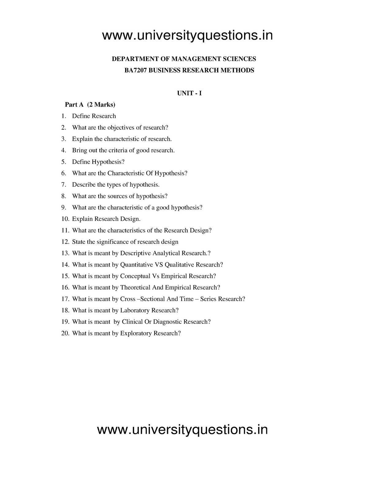 business research methods question paper pdf