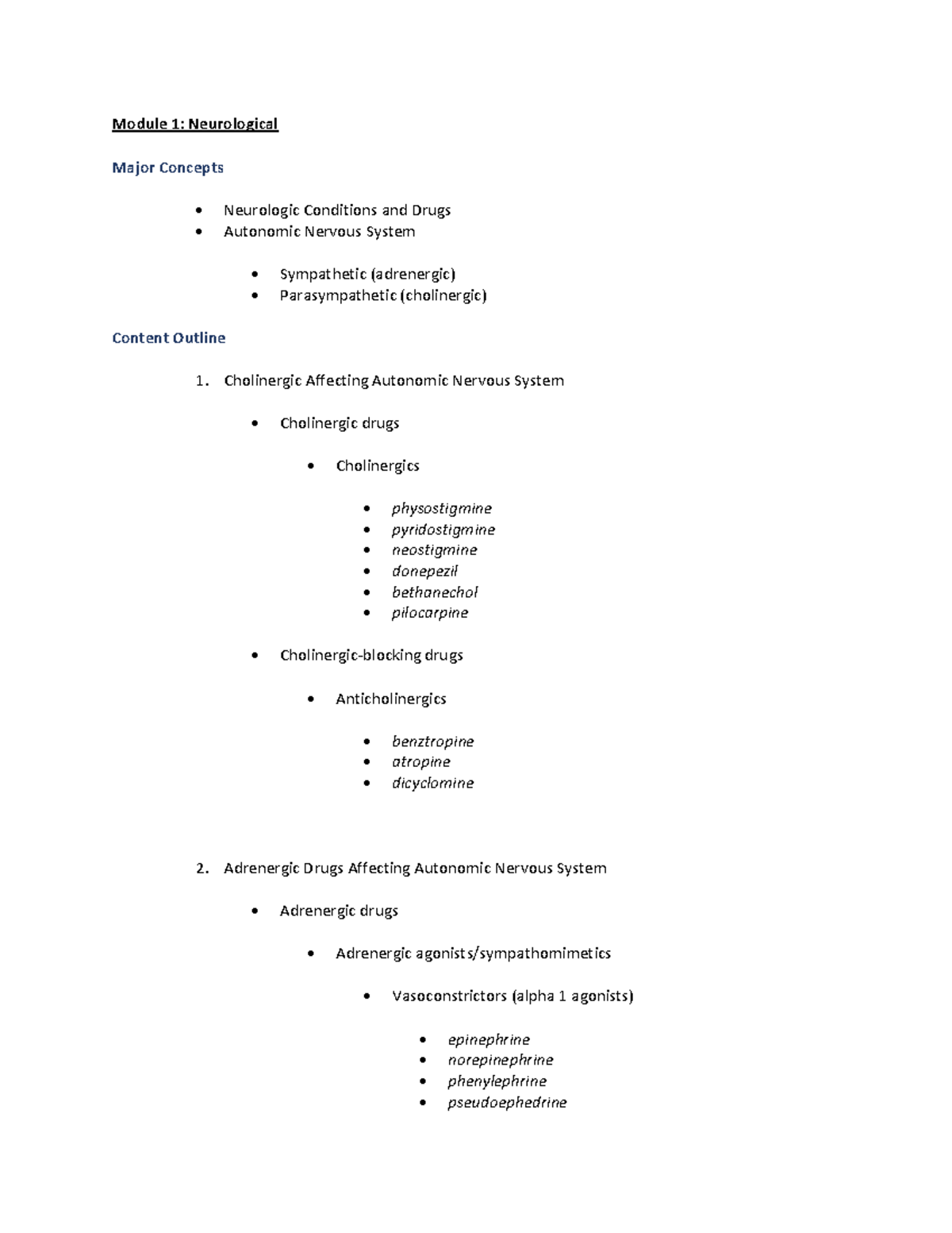 Exam 1 Drugs and Concepts-2 - Module 1: Neurological Major Concepts ...