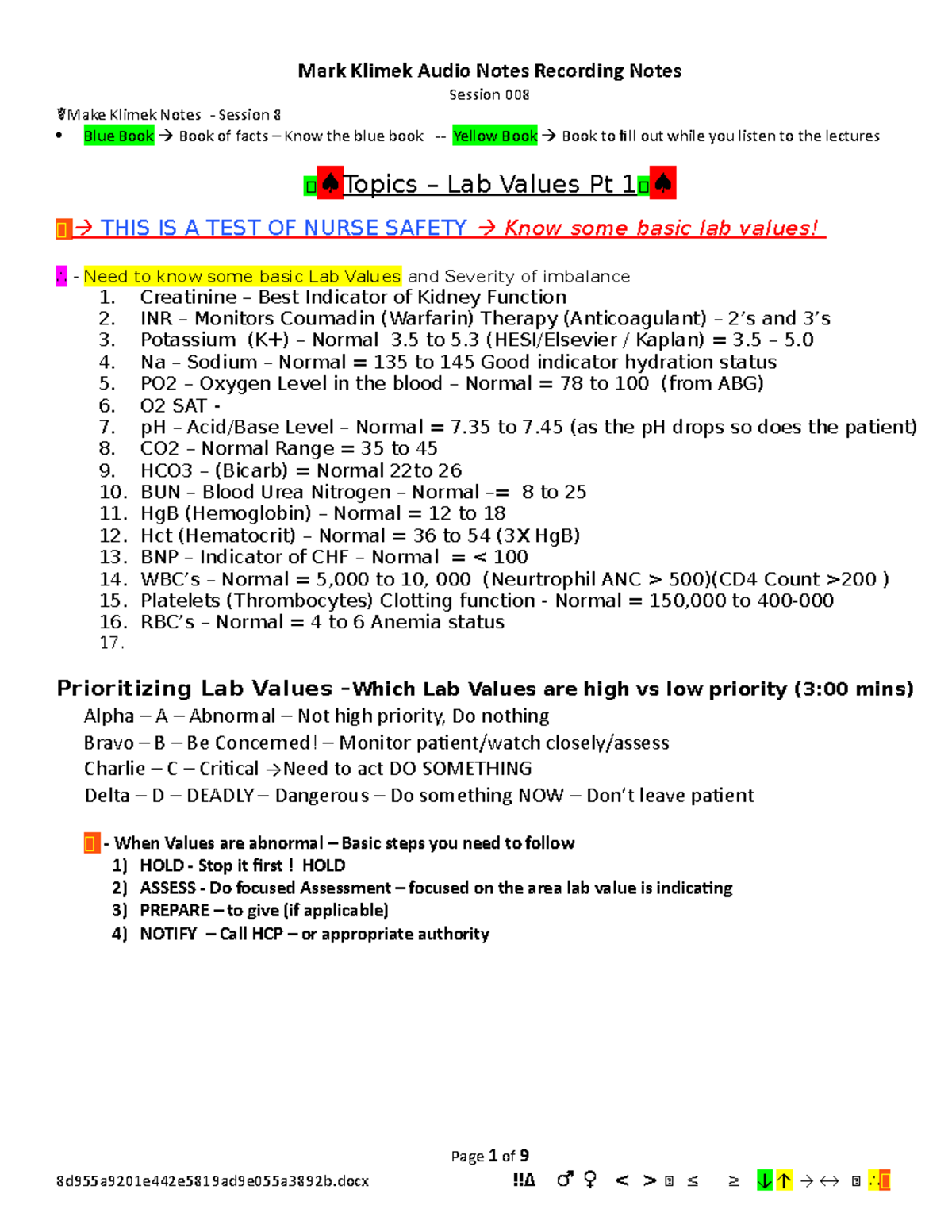 Z008 Mark Klimek Notes for 008 Lab Values Session 008 ☤Make Klimek