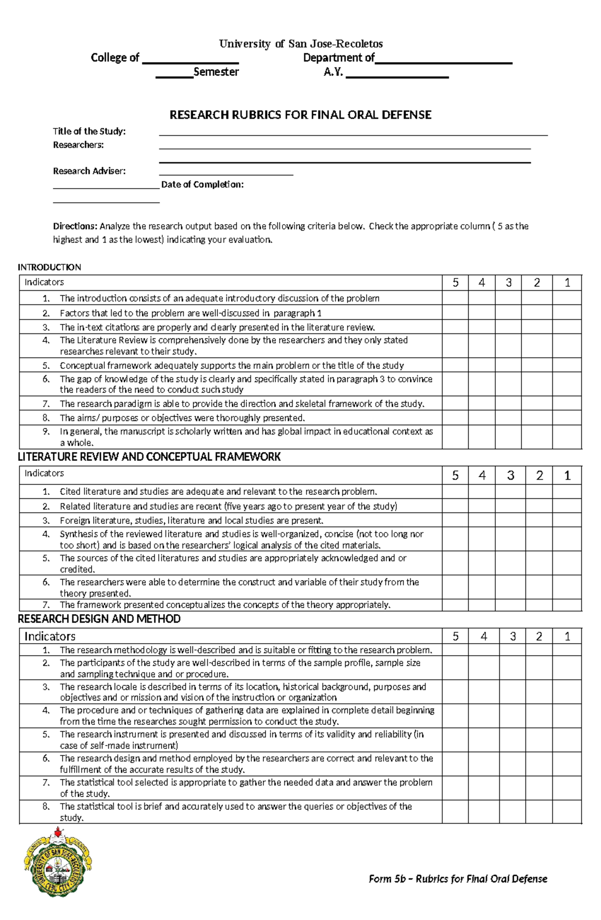 Form 5b Research Rubrics Final Oral Defense - University of San Jose ...