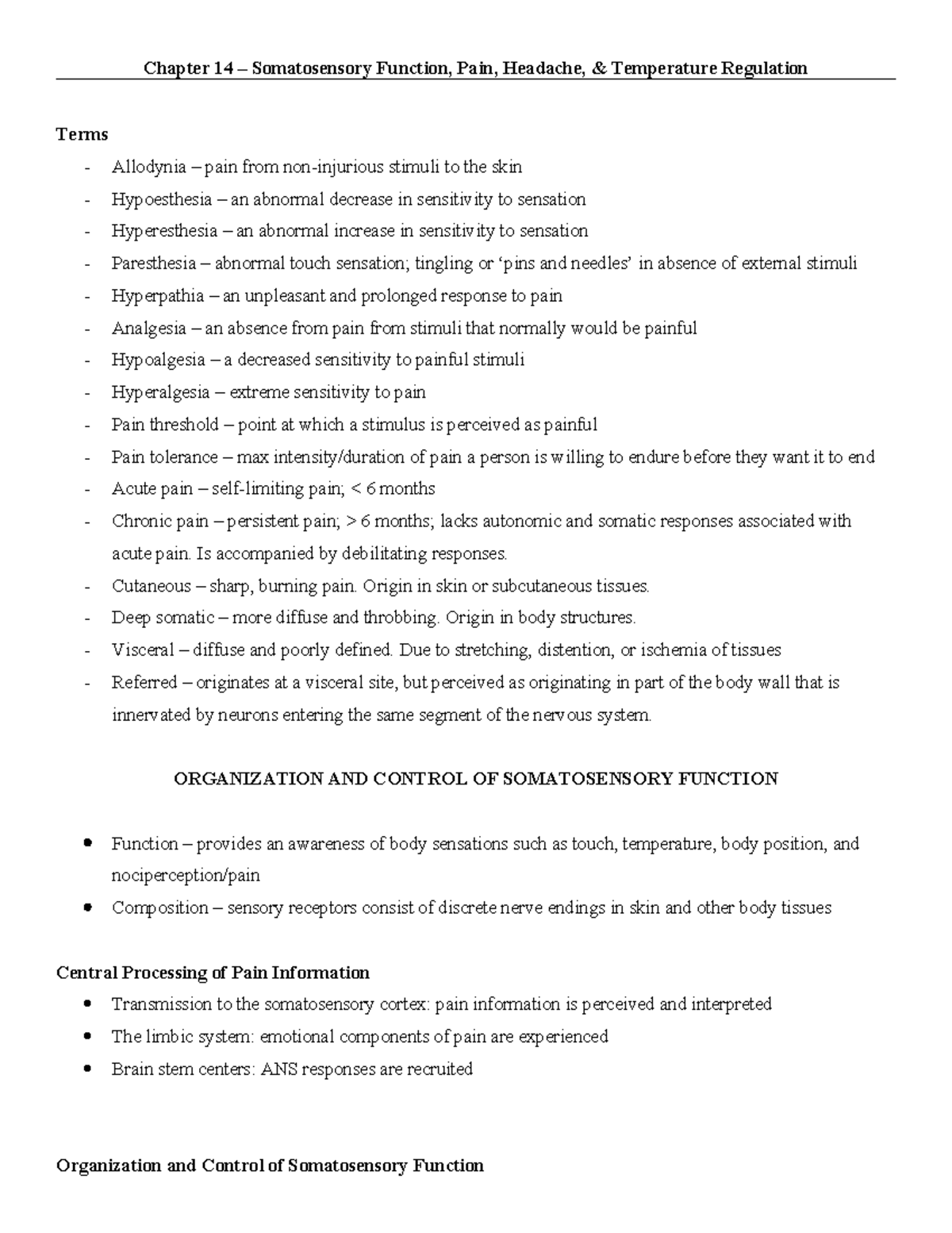 N518 Test #2 Study Guide - Chapter 14 – Somatosensory Function, Pain ...
