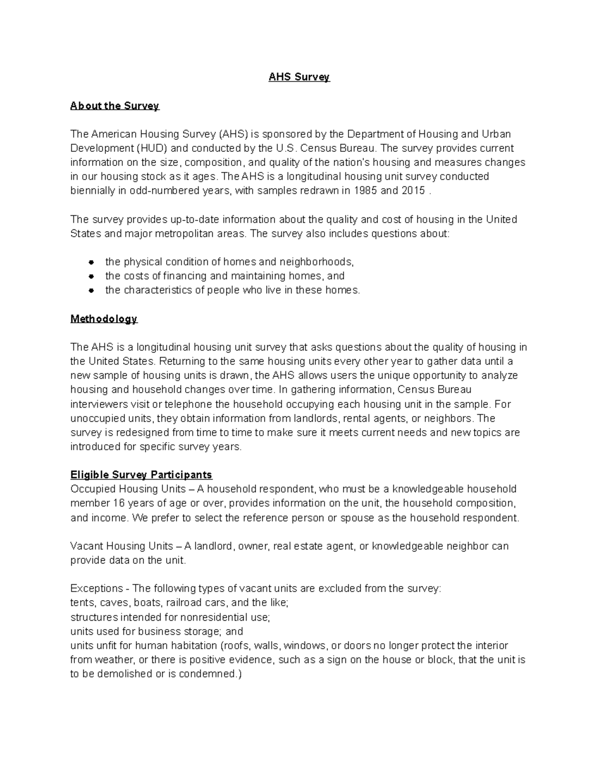 AHS Information - AHS Survey About the Survey The American Housing ...