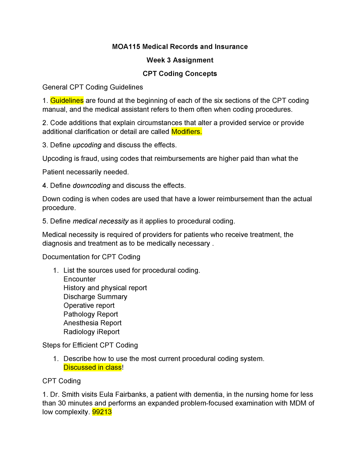 Week 3 Assignment Worksheet - MOA115 Medical Records And Insurance Week ...