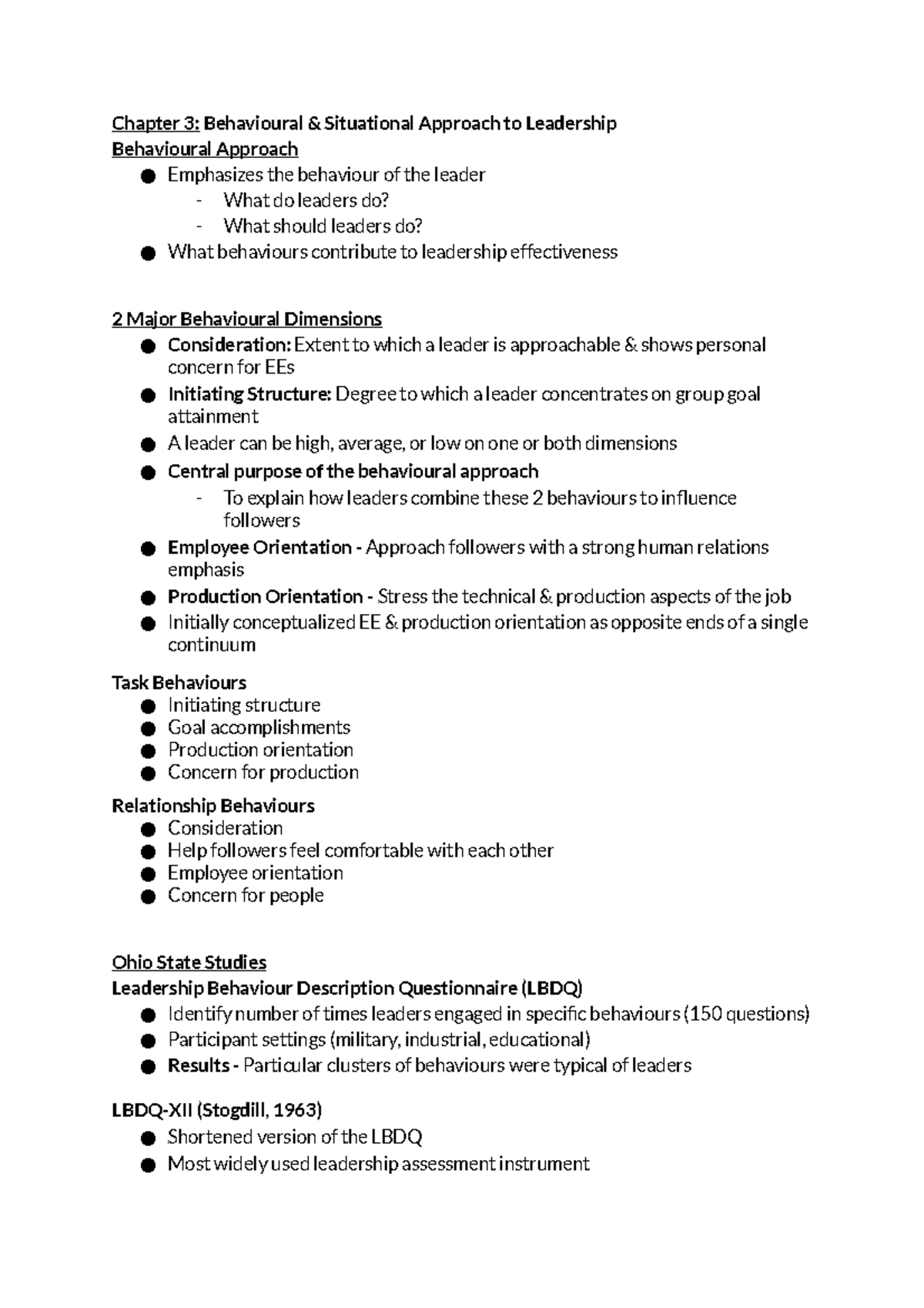 Leadership 3440 - Week 3 - Chapter 3: Behavioural & Situational ...