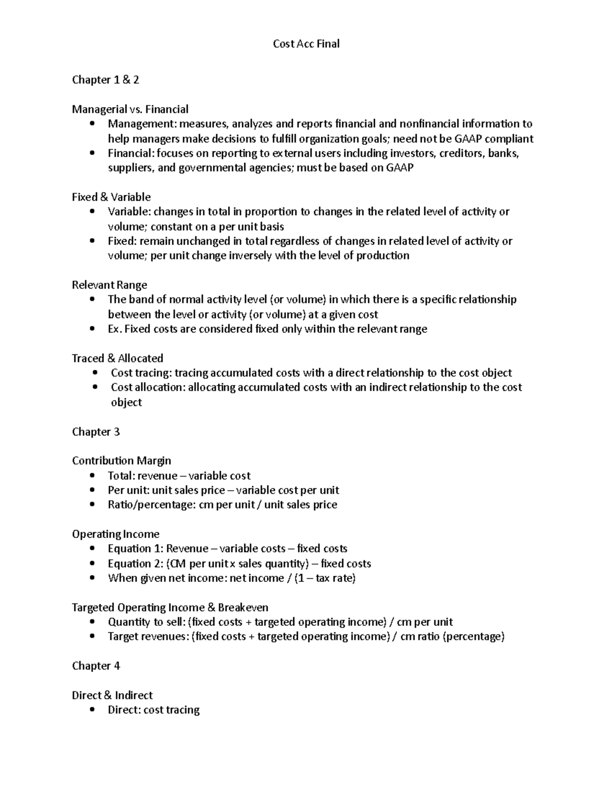 Cost ACC Final review Cost Acc Final Chapter 1 & 2 Managerial vs