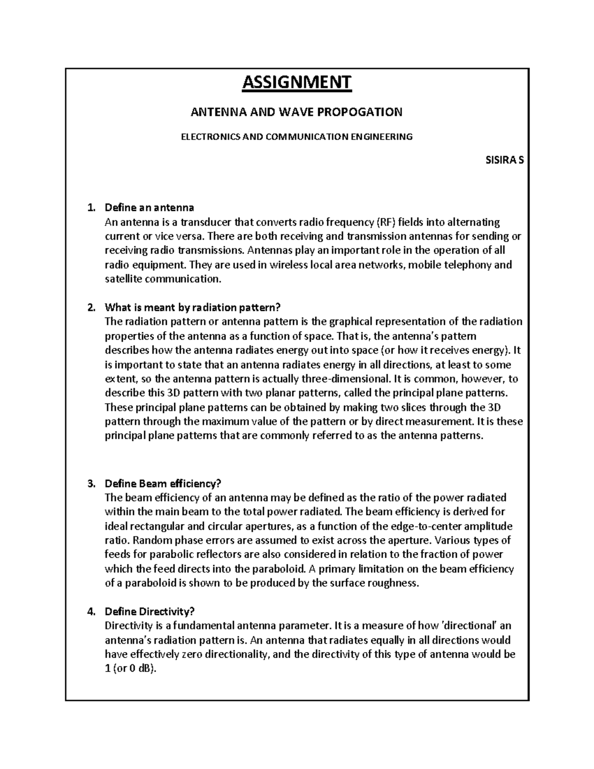 Assignment Antenna AND WAVE Propagation ASSIGNMENT ANTENNA AND WAVE