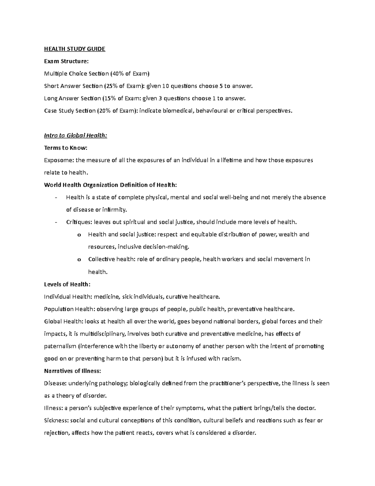 Health Exam Study Guide - HEALTH STUDY GUIDE Exam Structure: Multiple ...