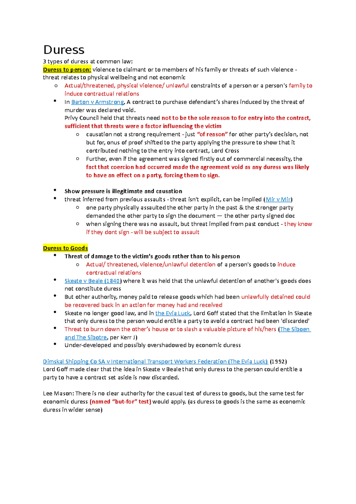 Contract law Duress Duress 3 types of duress at common law Duress