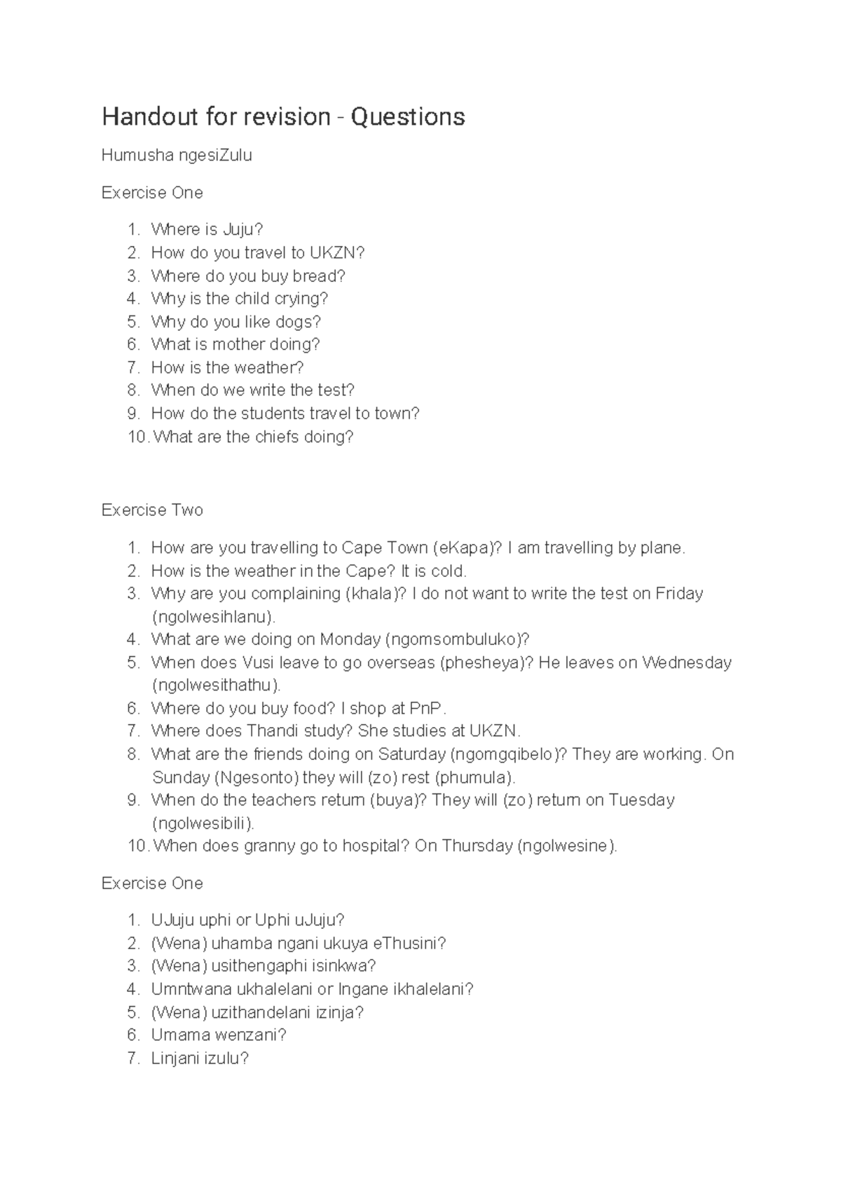 Handout for revision - Where is Juju? 2. How do you travel to UKZN? 3 ...