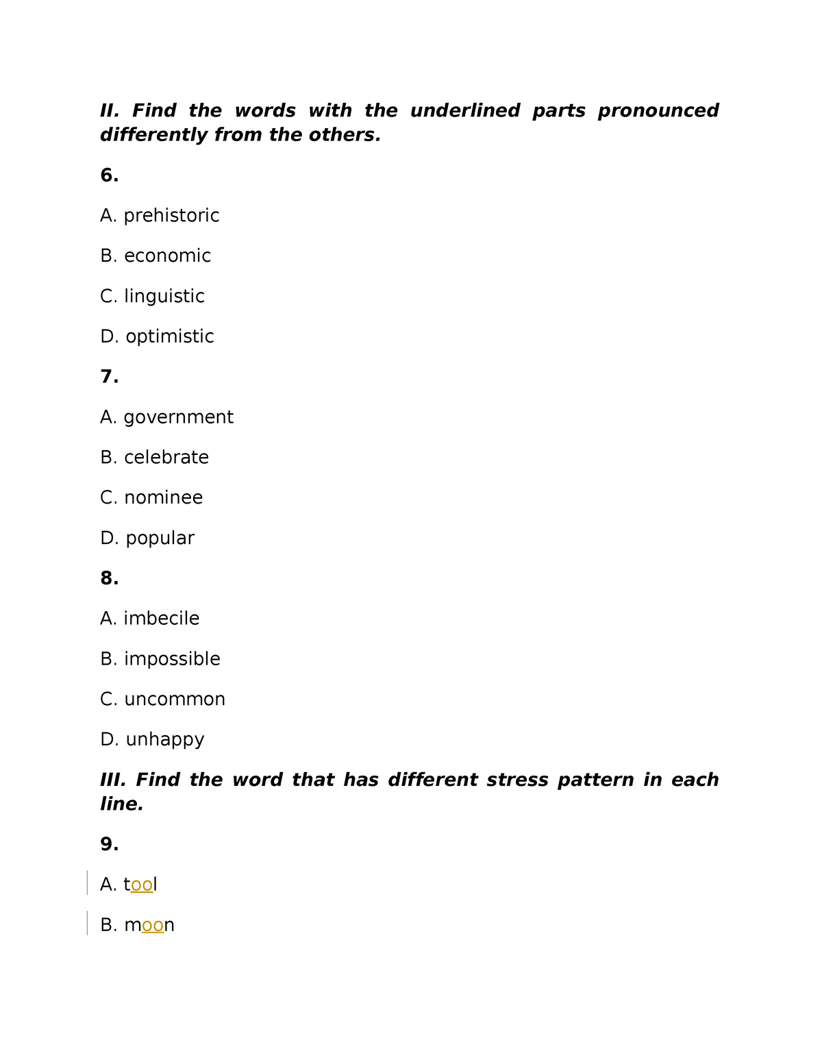 TEST - A Test B2 - II. Find The Words With The Underlined Parts ...