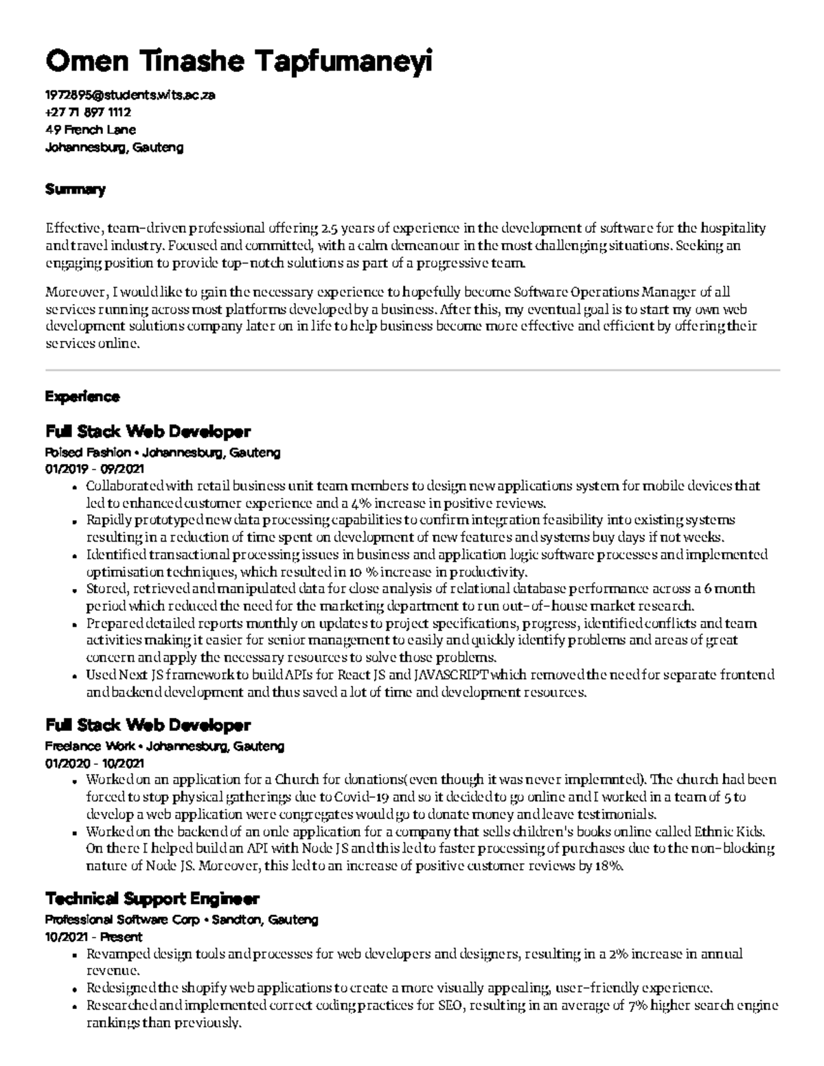 Full Stack Web Developer Resume - Elen 1000 - Wits University - StuDocu