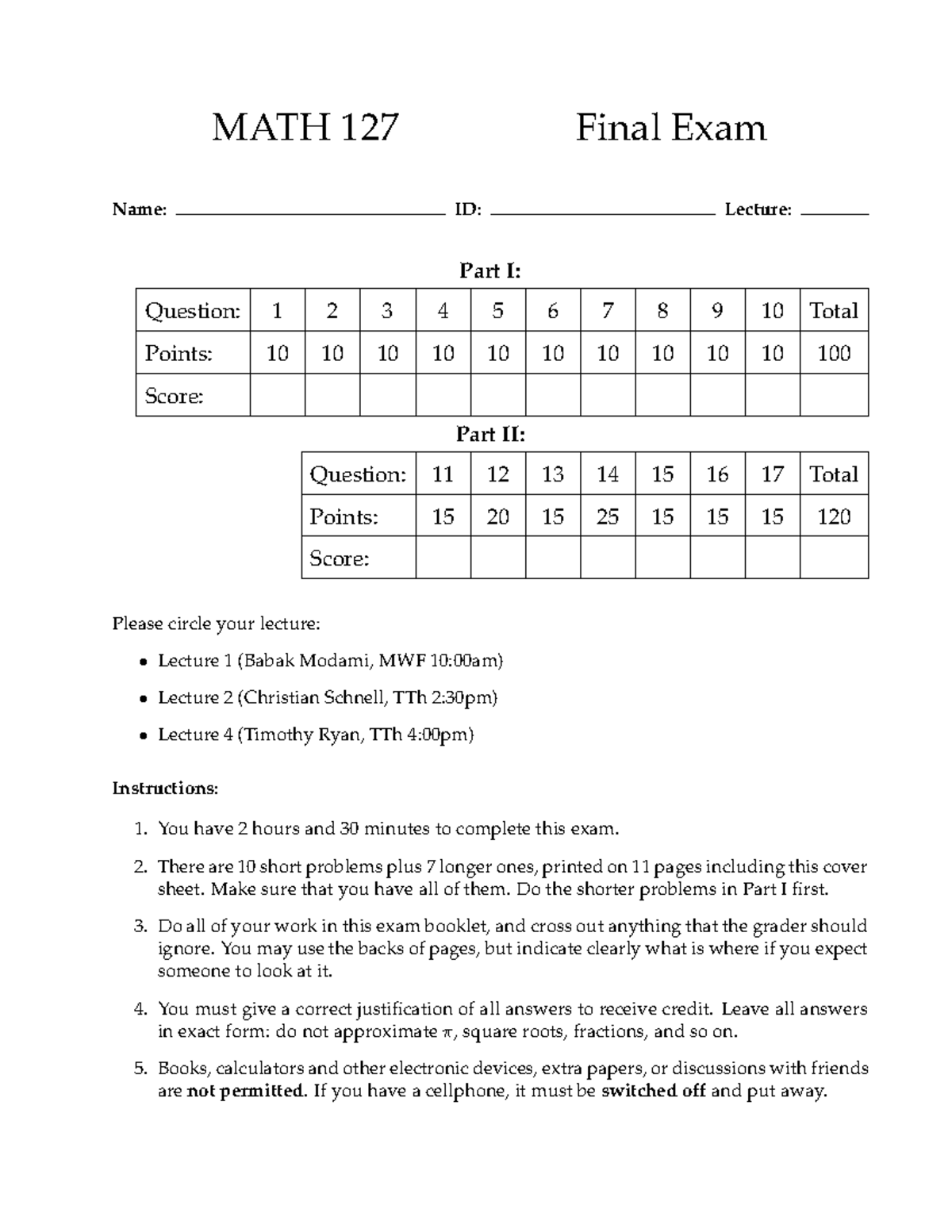 Mat127 Final S 18 Practice Math 127 Final Exam Name Id Lecture Mat127 Final S 18 Practice Math 127 Final Exam Name Id Lecture
