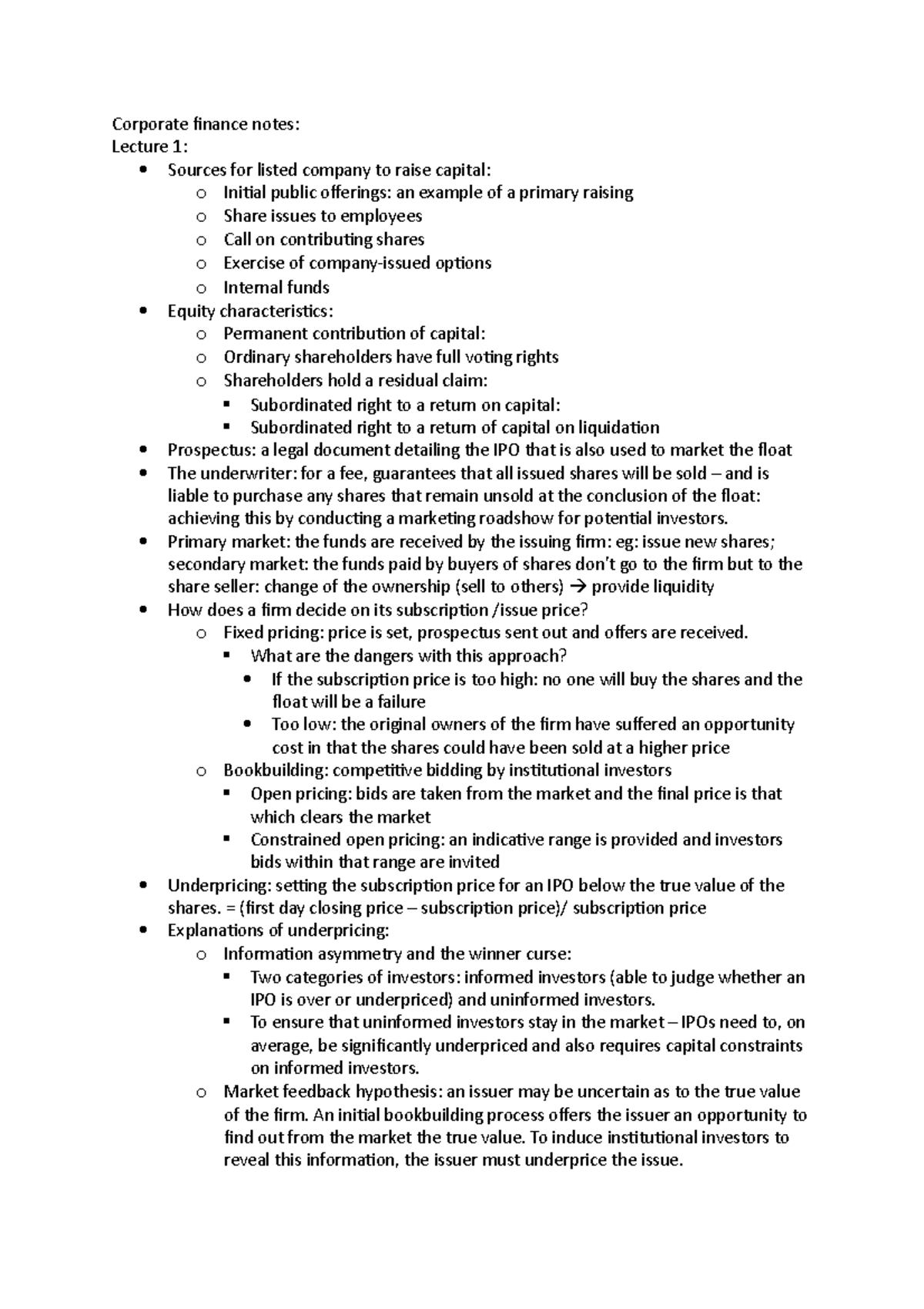 Corporate finance notes final - Corporate finance notes: Lecture 1 ...