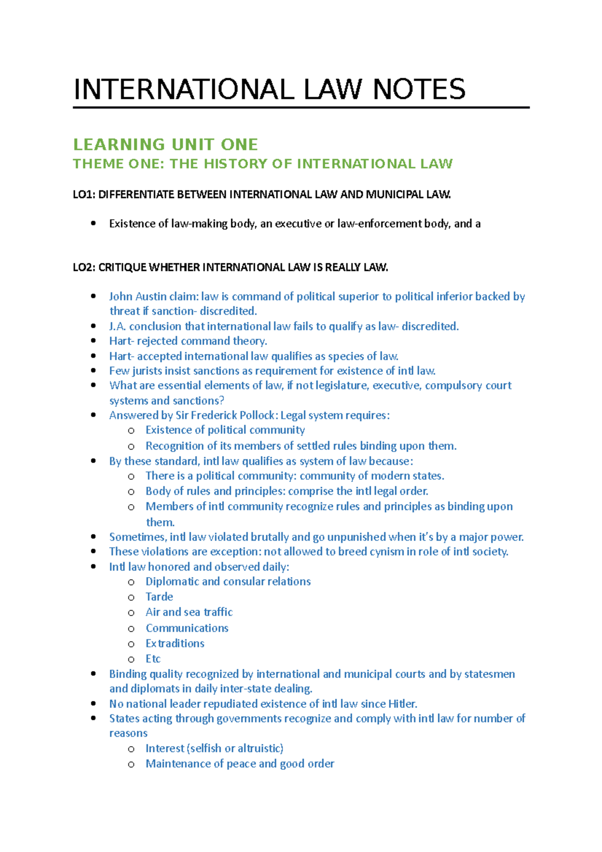 I Nternational LAW Notes - INTERNATIONAL LAW NOTES LEARNING UNIT ONE ...