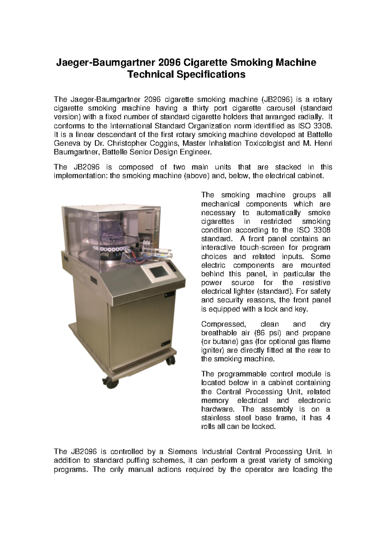 JB 2096 Spec Sheet 0817 vvvvvvvvvvvvvvvv JaegerBaumgartner 2096 Cigarette Smoking Machine