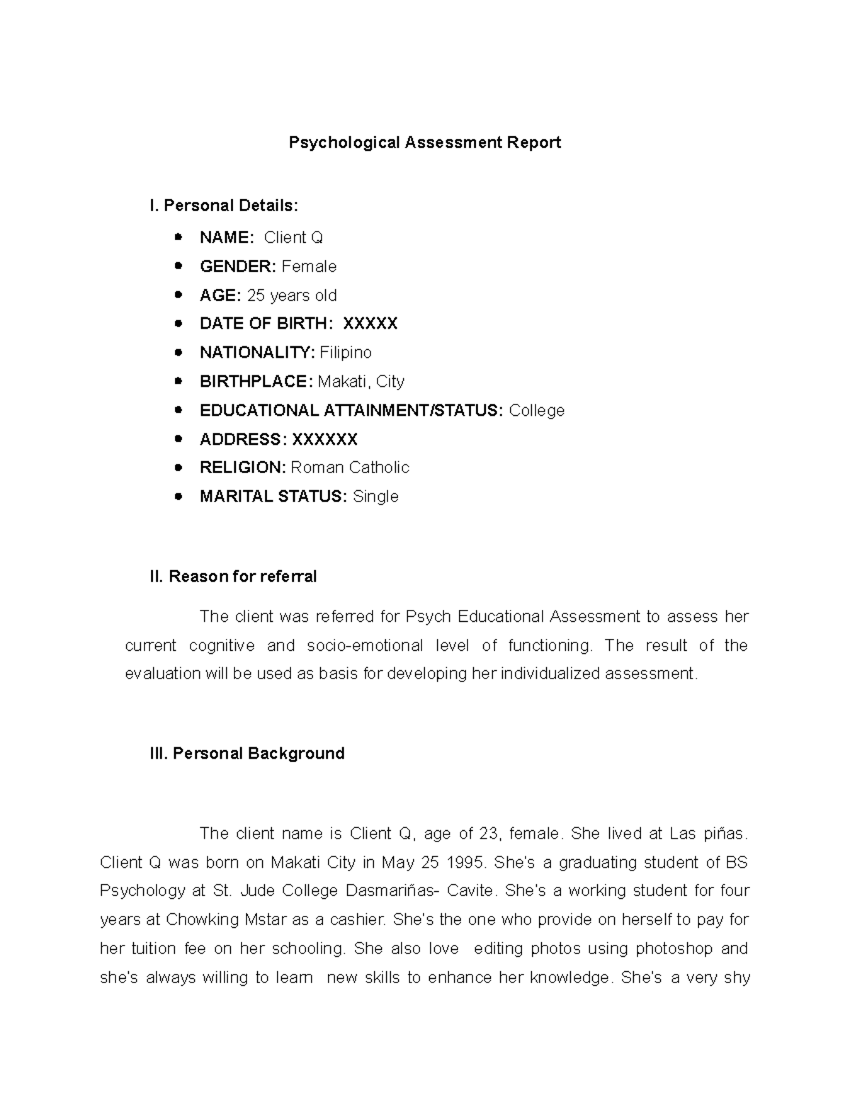 Psychoeducational for Mild Anxiety - Psychological Assessment Report I ...