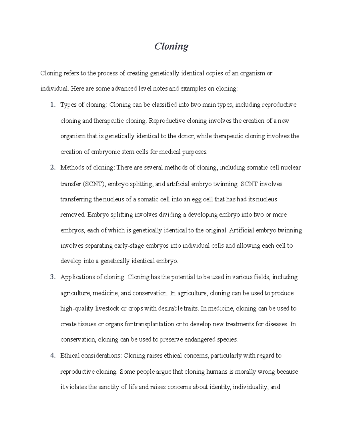Notes on Cloning - Cloning Cloning refers to the process of creating ...
